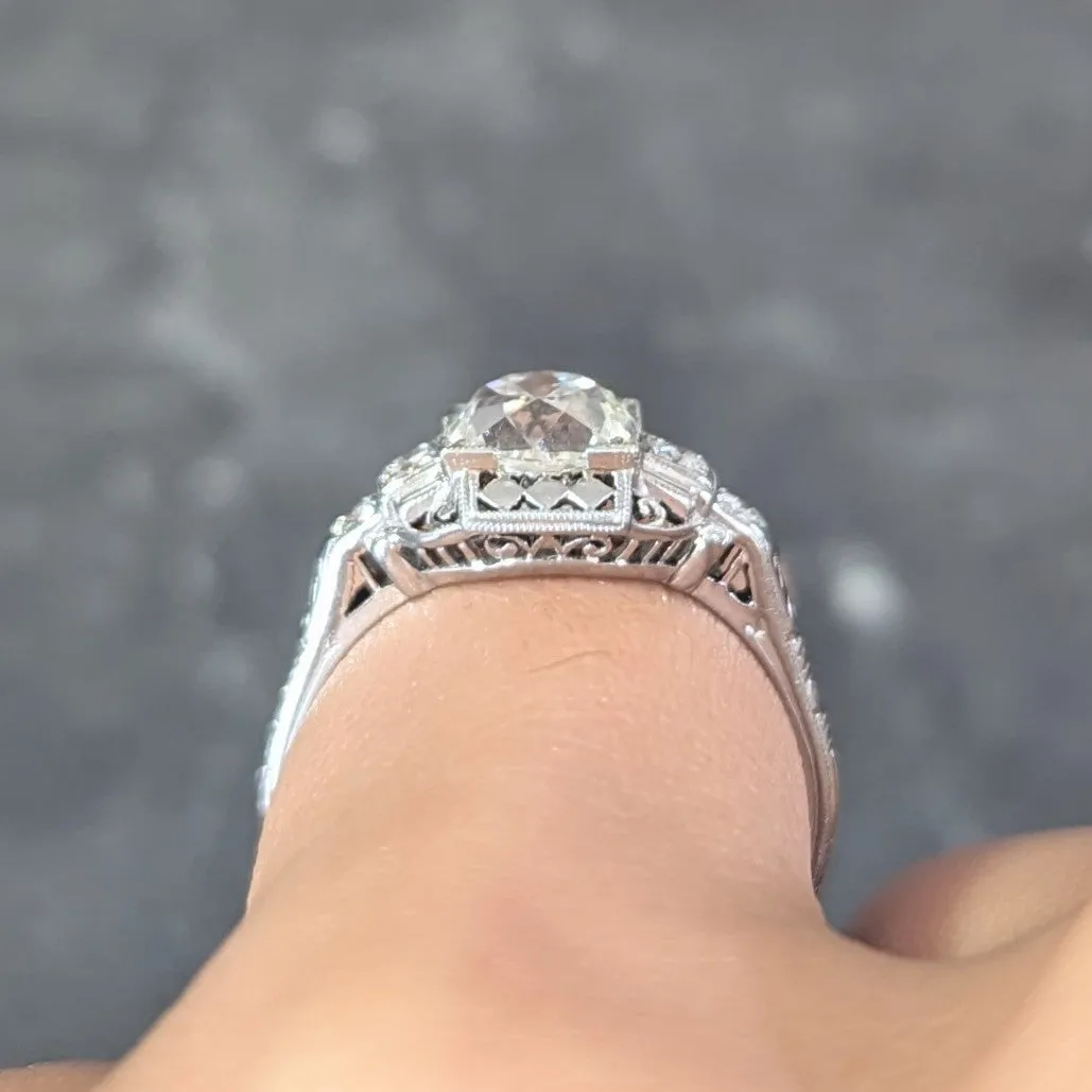 Art Deco 1.58 CTW Old European Cut Diamond Platinum Checkerboard Vintage Engagement Ring