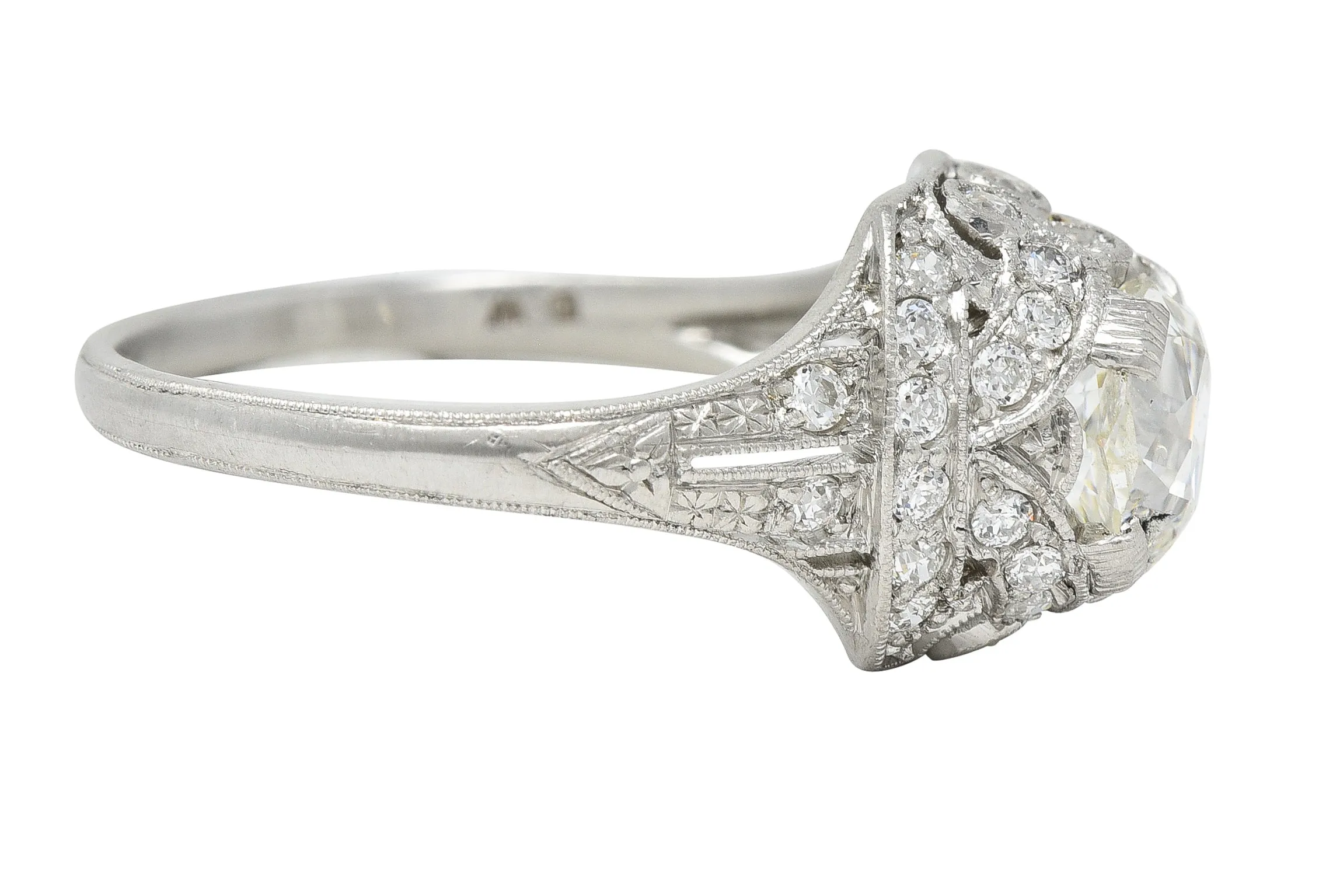 Art Deco 1.71 CTW Old Mine Cut Diamond Platinum Ribbon Vintage Engagement Ring