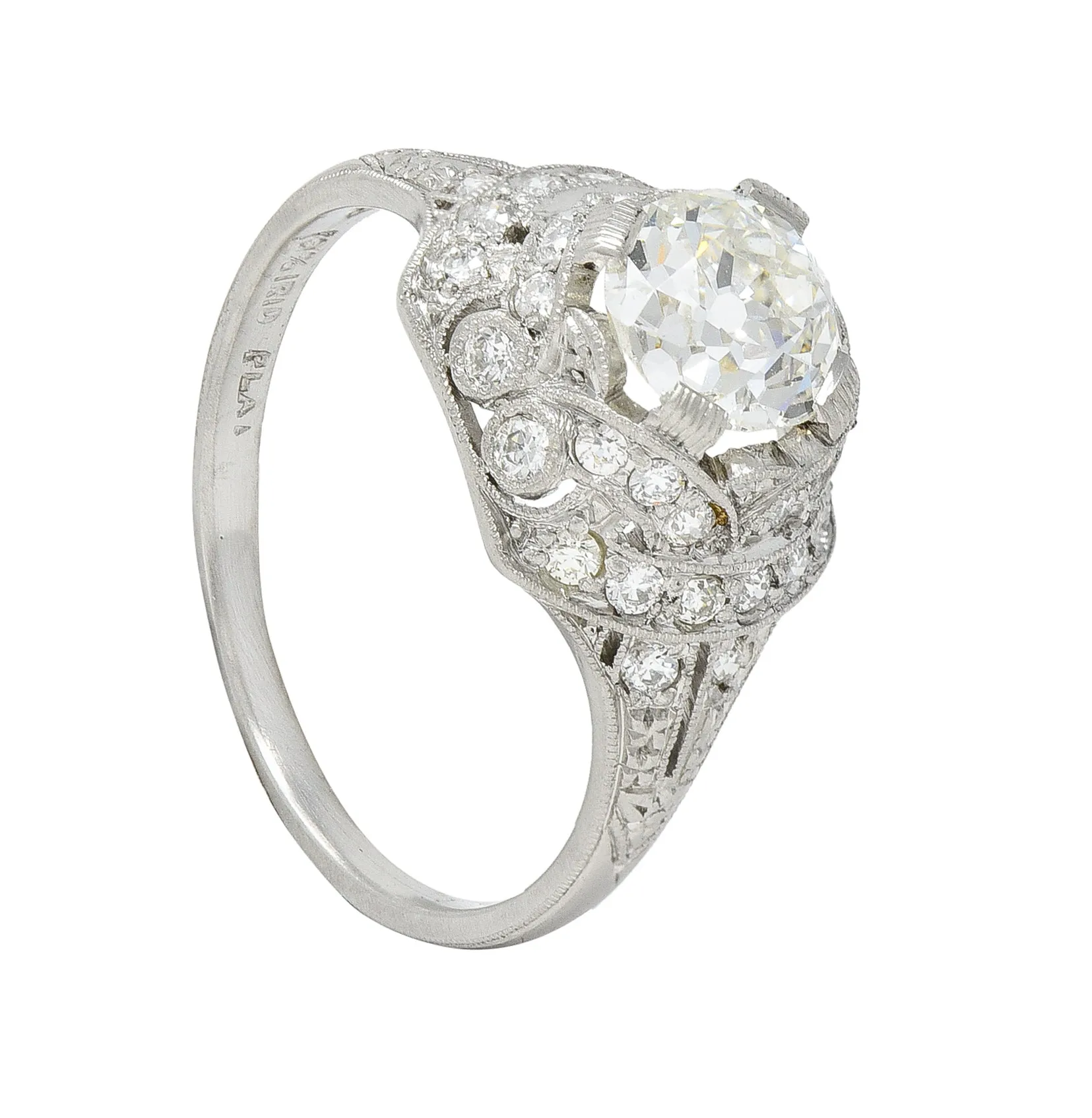 Art Deco 1.71 CTW Old Mine Cut Diamond Platinum Ribbon Vintage Engagement Ring