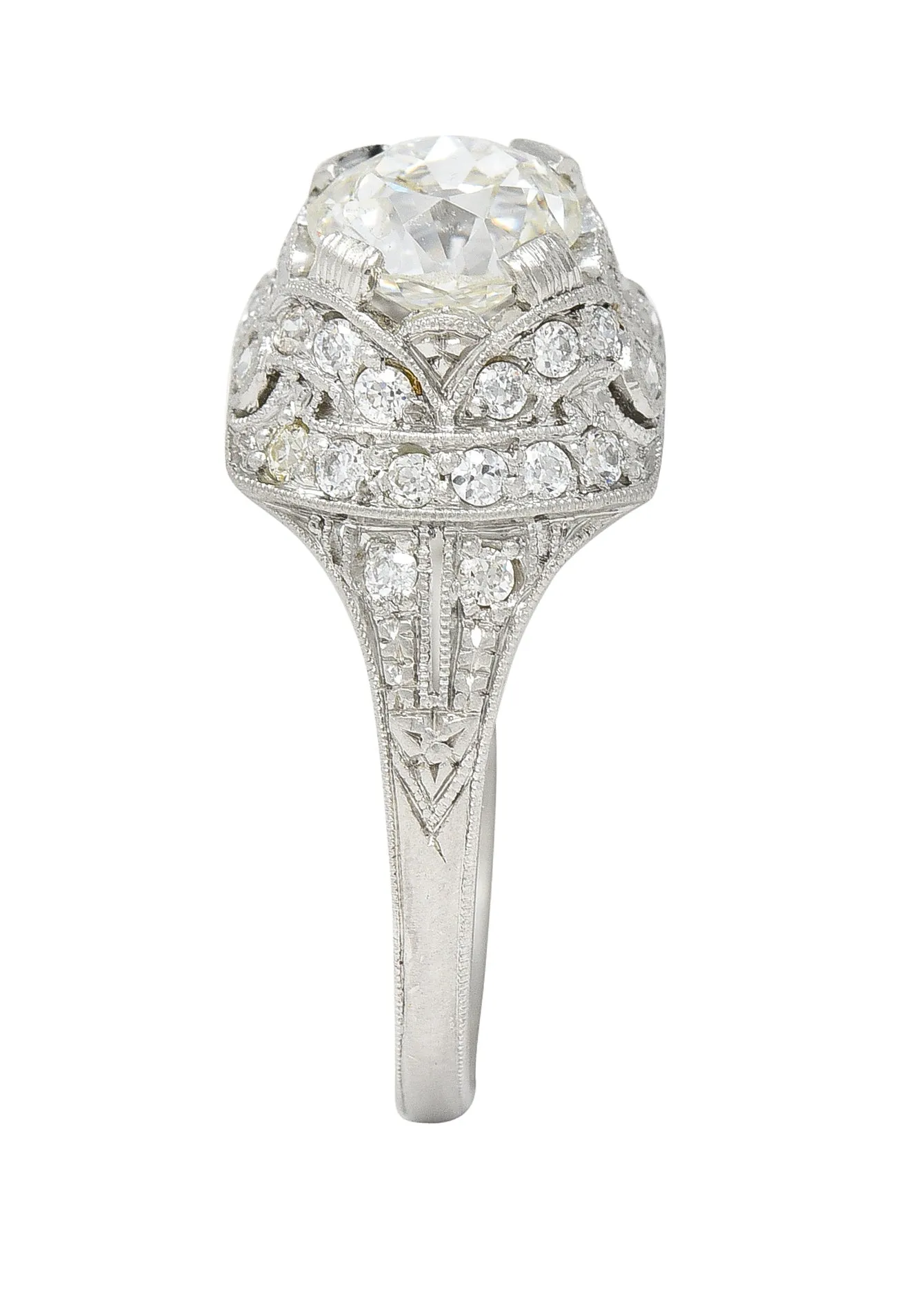 Art Deco 1.71 CTW Old Mine Cut Diamond Platinum Ribbon Vintage Engagement Ring