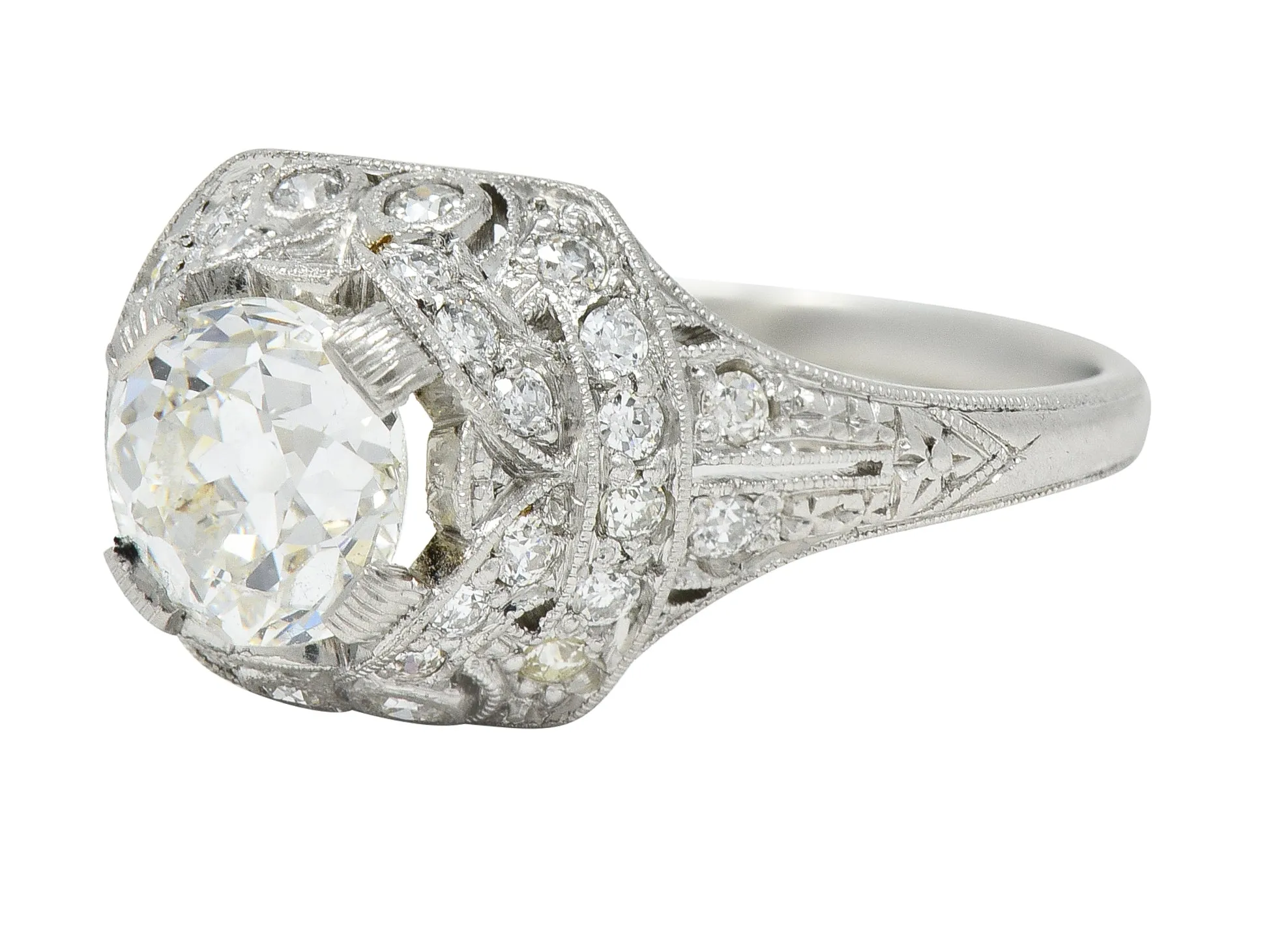 Art Deco 1.71 CTW Old Mine Cut Diamond Platinum Ribbon Vintage Engagement Ring