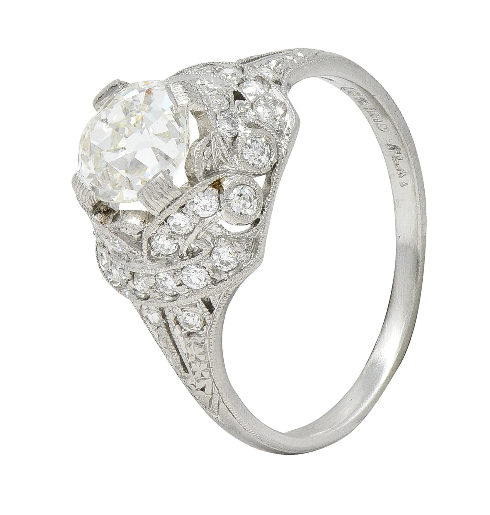 Art Deco 1.71 CTW Old Mine Cut Diamond Platinum Ribbon Vintage Engagement Ring