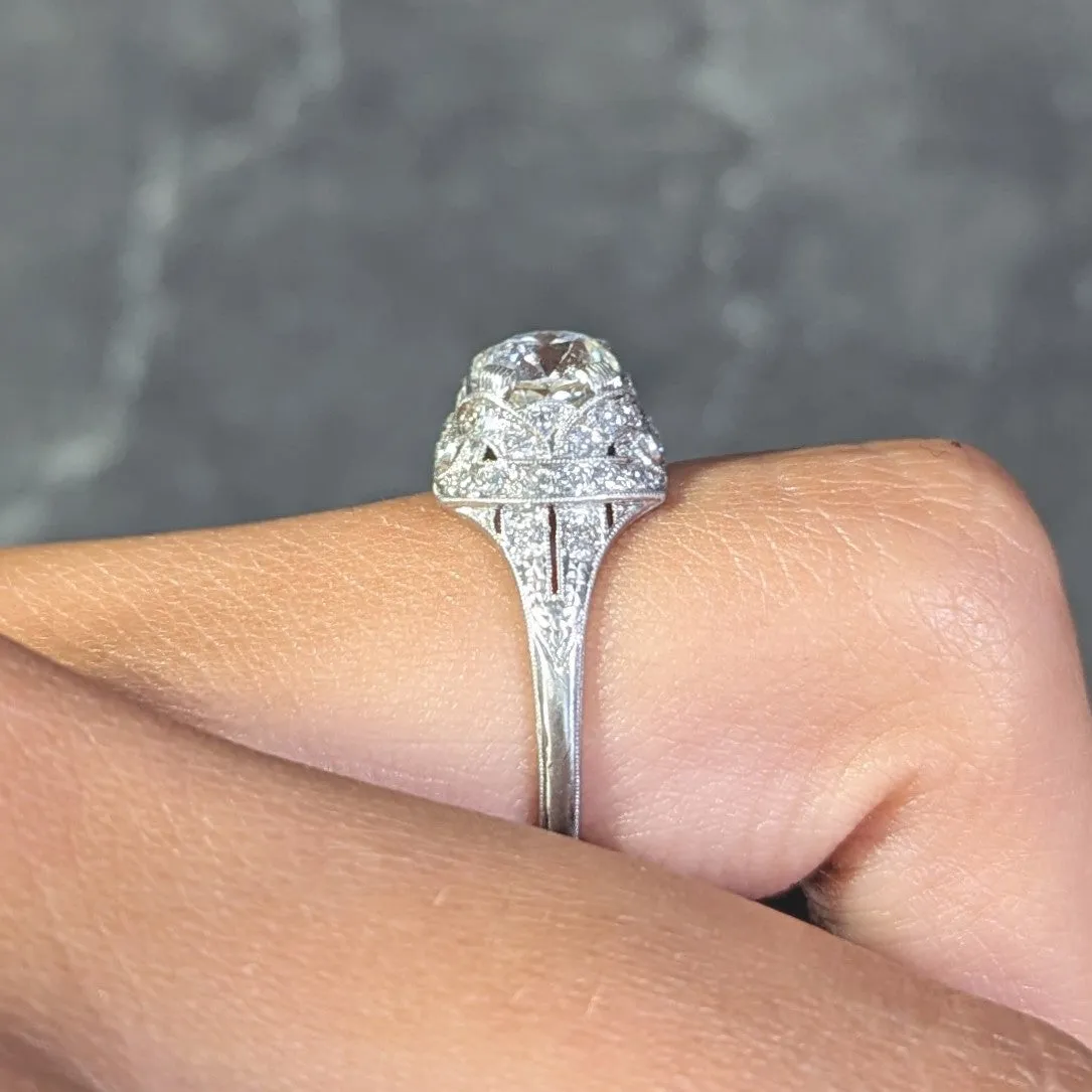 Art Deco 1.71 CTW Old Mine Cut Diamond Platinum Ribbon Vintage Engagement Ring