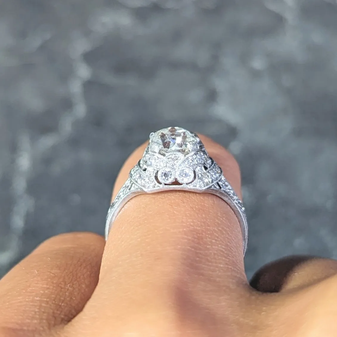 Art Deco 1.71 CTW Old Mine Cut Diamond Platinum Ribbon Vintage Engagement Ring
