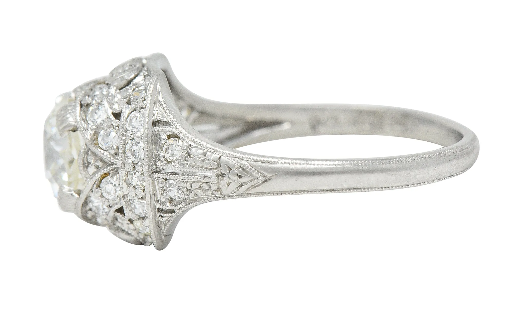 Art Deco 1.71 CTW Old Mine Cut Diamond Platinum Ribbon Vintage Engagement Ring