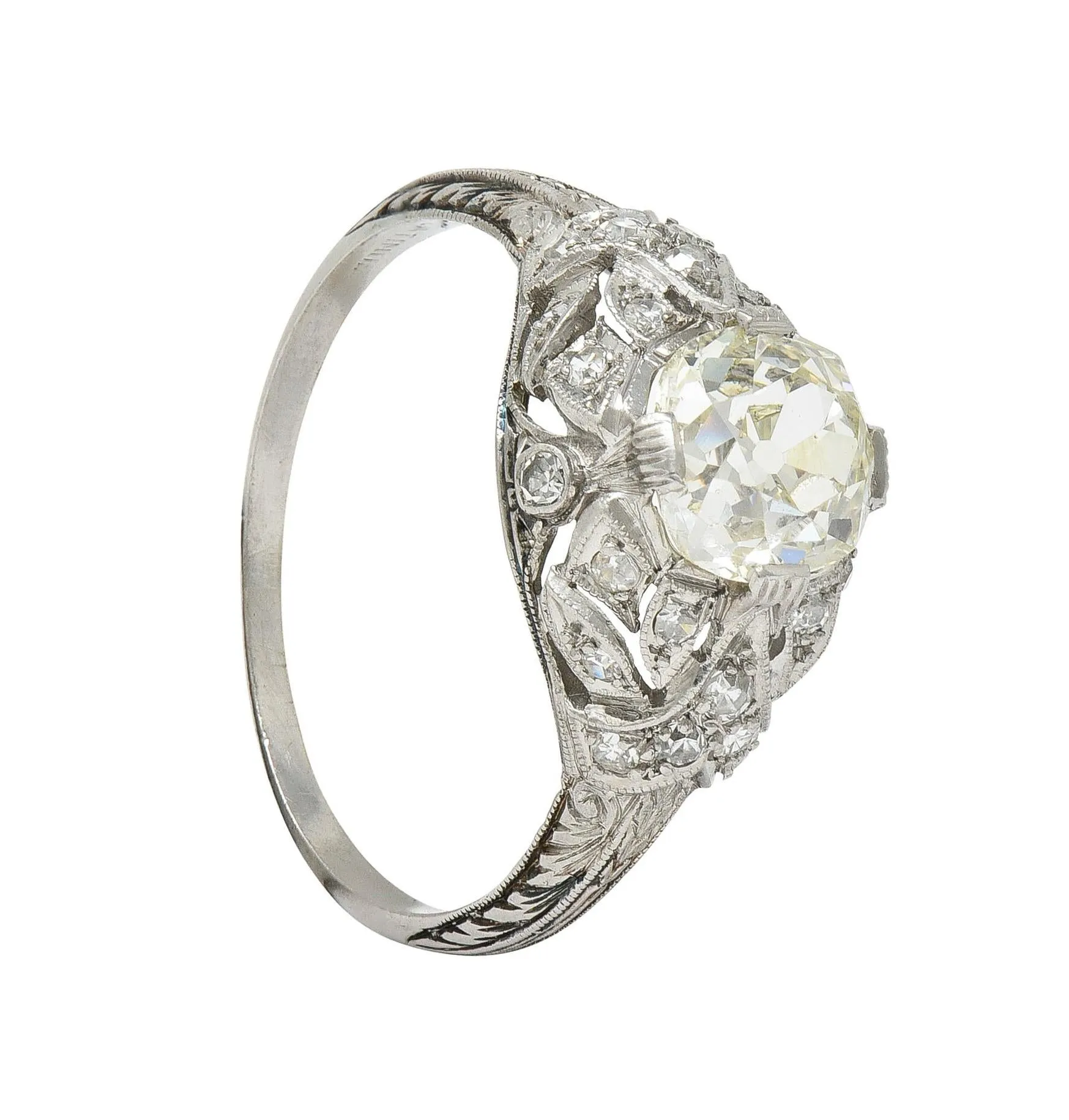 Art Deco 1.76 CTW Old Mine Diamond Platinum Foliate Bombé Vintage Engagement Ring