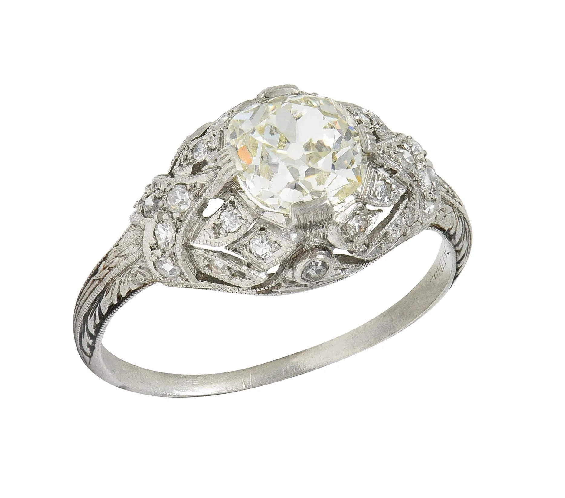Art Deco 1.76 CTW Old Mine Diamond Platinum Foliate Bombé Vintage Engagement Ring