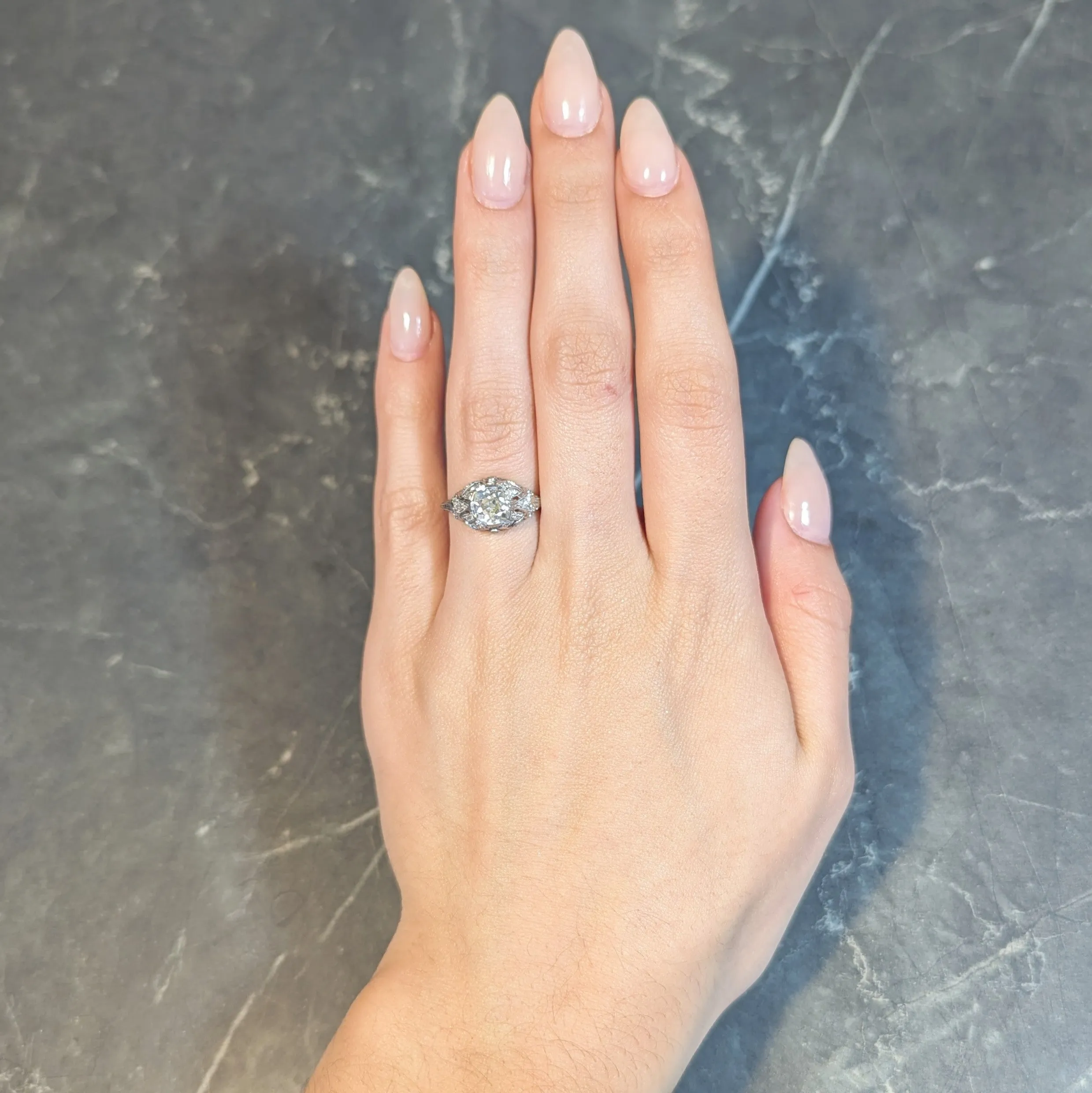 Art Deco 1.76 CTW Old Mine Diamond Platinum Foliate Bombé Vintage Engagement Ring