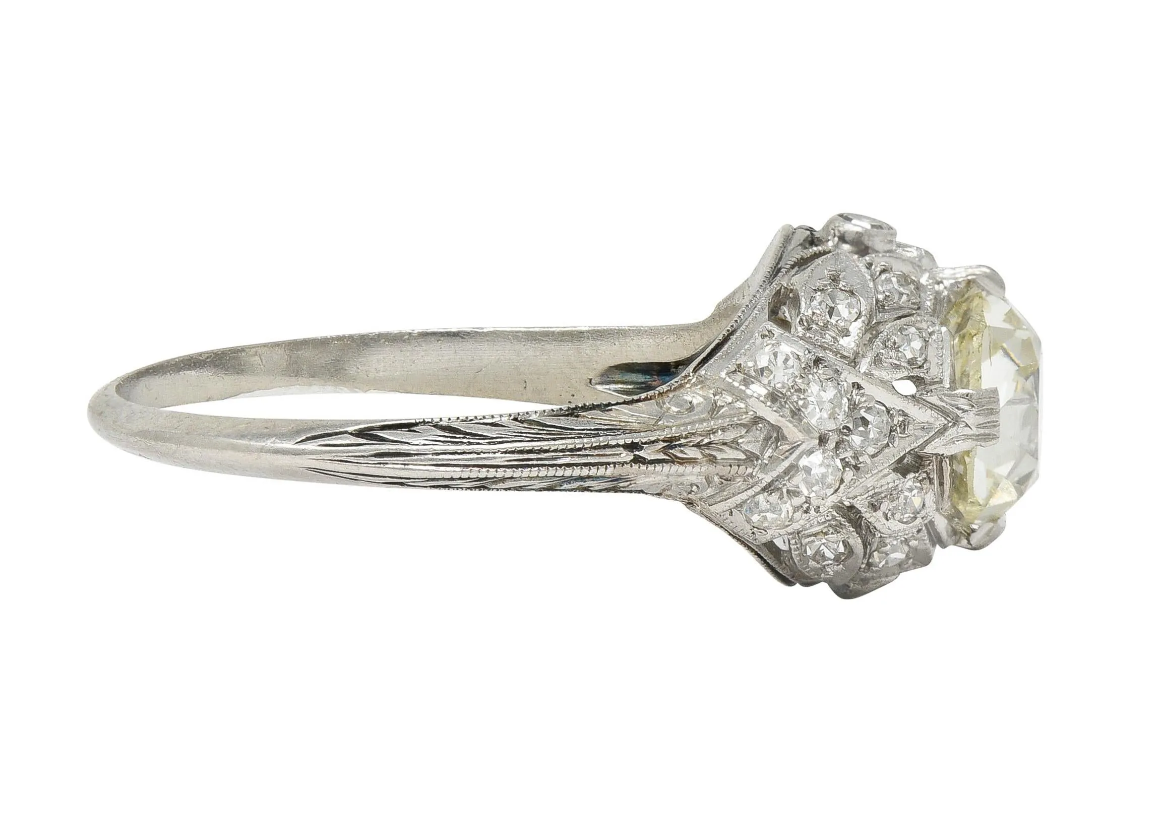 Art Deco 1.76 CTW Old Mine Diamond Platinum Foliate Bombé Vintage Engagement Ring