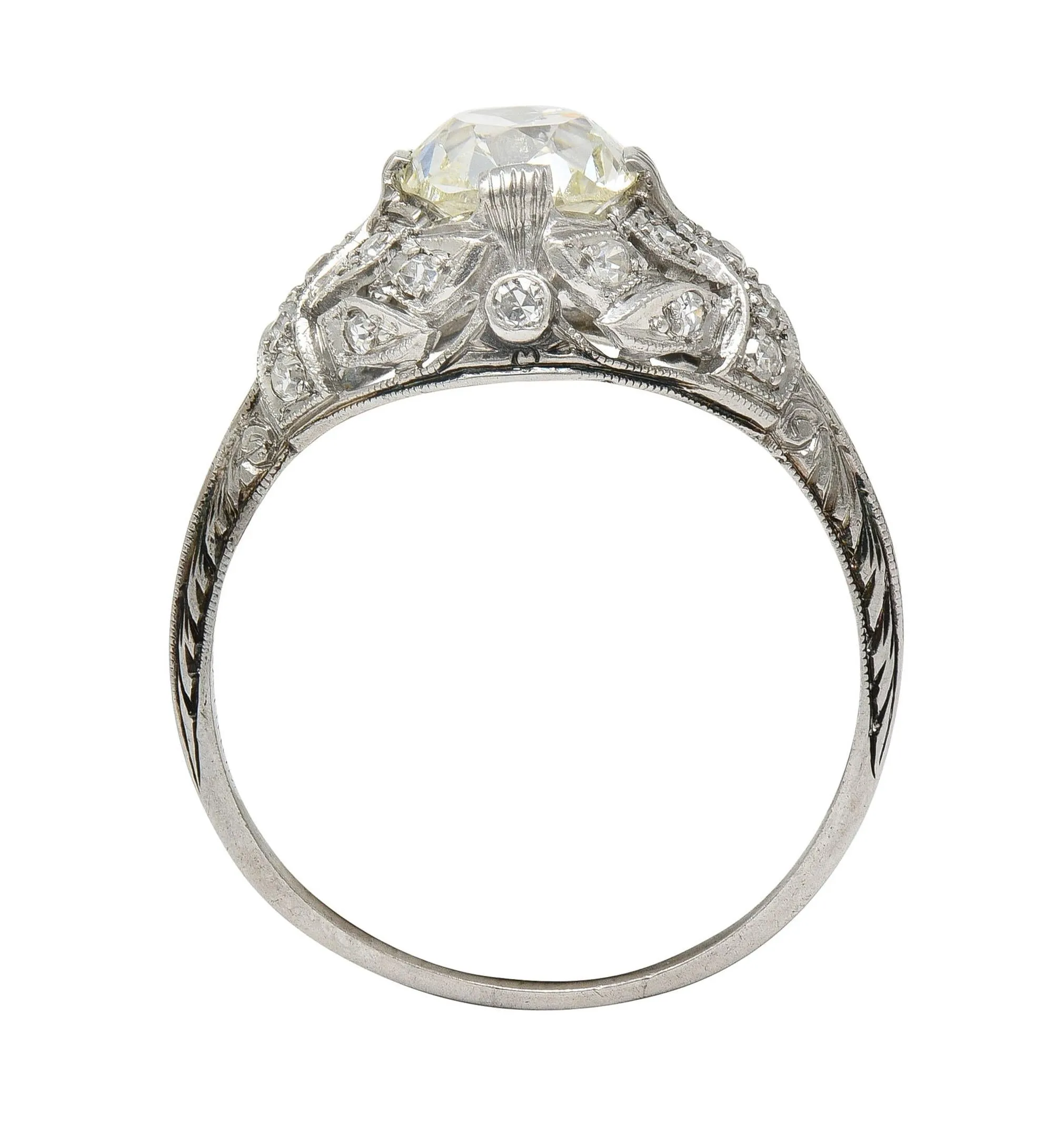 Art Deco 1.76 CTW Old Mine Diamond Platinum Foliate Bombé Vintage Engagement Ring