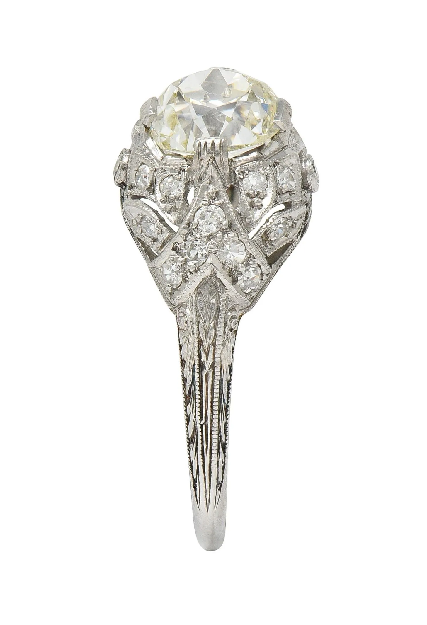 Art Deco 1.76 CTW Old Mine Diamond Platinum Foliate Bombé Vintage Engagement Ring