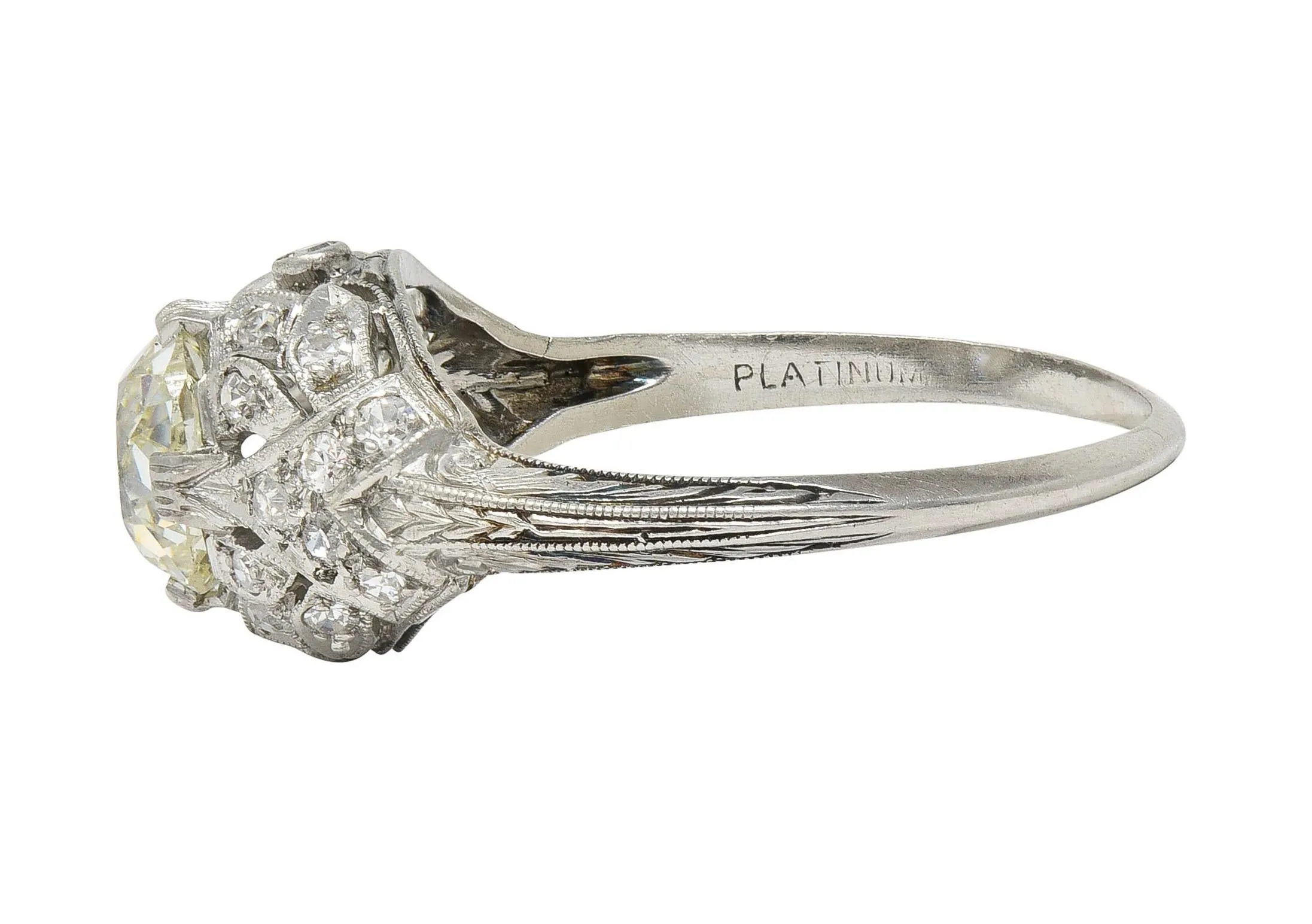 Art Deco 1.76 CTW Old Mine Diamond Platinum Foliate Bombé Vintage Engagement Ring