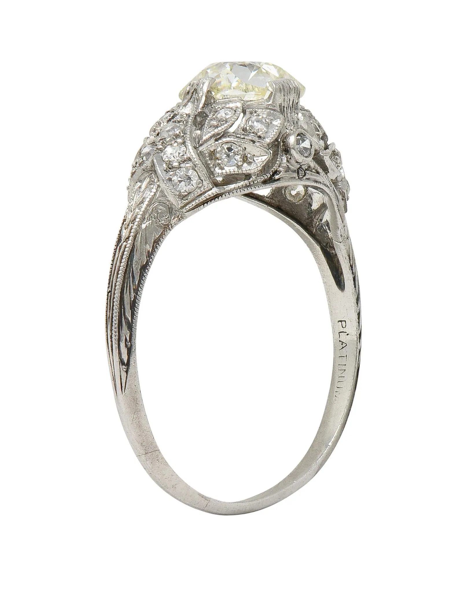 Art Deco 1.76 CTW Old Mine Diamond Platinum Foliate Bombé Vintage Engagement Ring