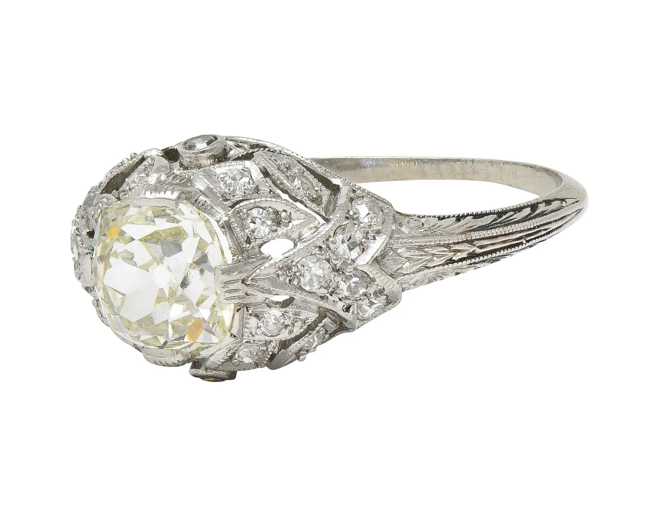 Art Deco 1.76 CTW Old Mine Diamond Platinum Foliate Bombé Vintage Engagement Ring