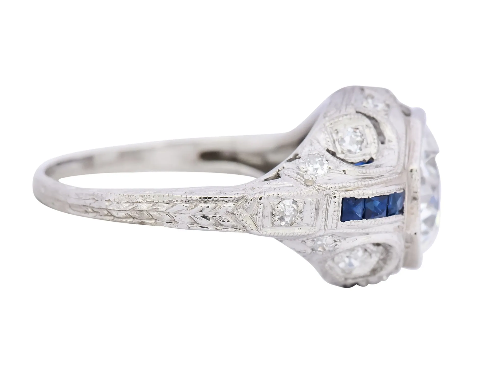 Art Deco 1.83 CTW Diamond Sapphire Platinum Engagement Ring GIA
