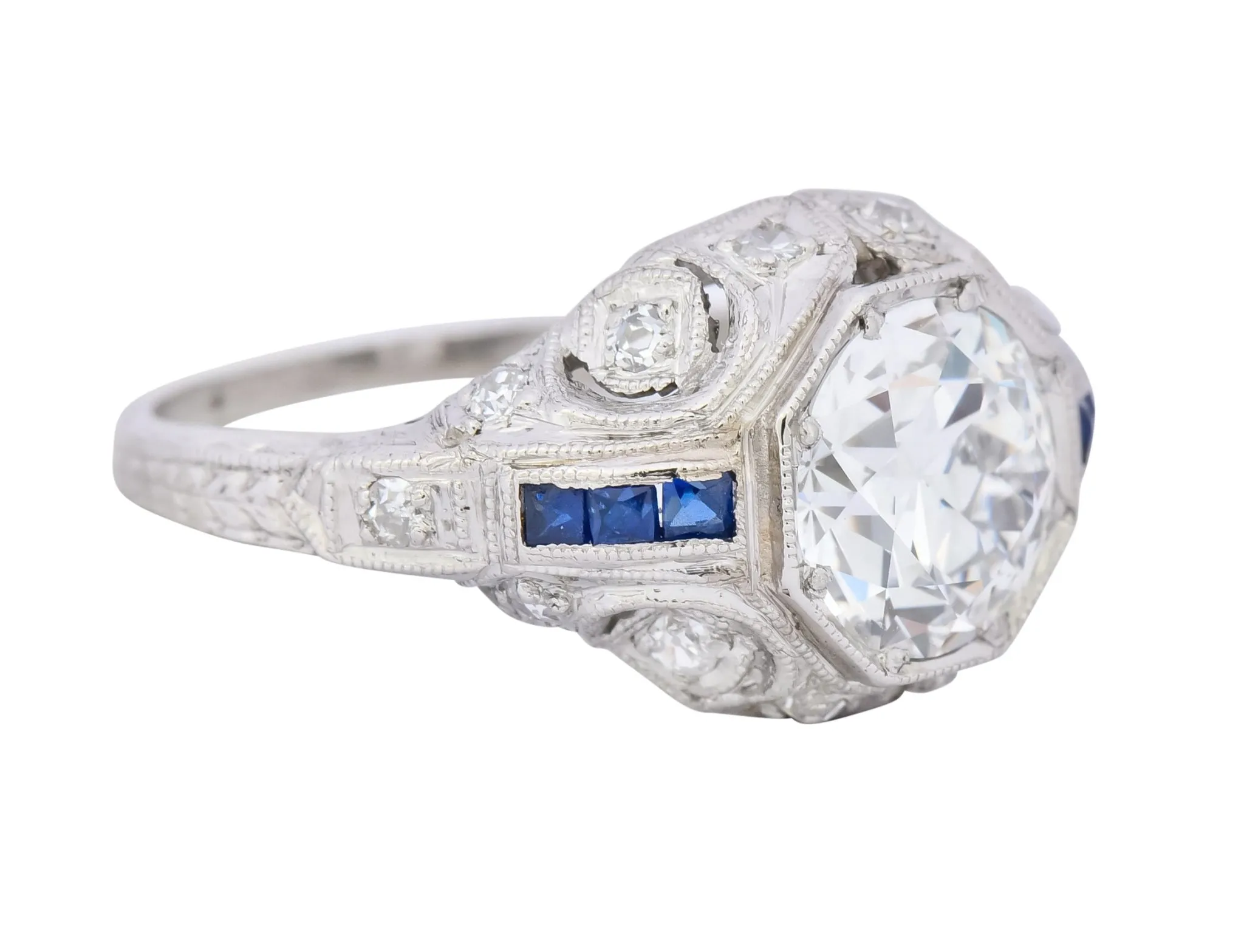 Art Deco 1.83 CTW Diamond Sapphire Platinum Engagement Ring GIA