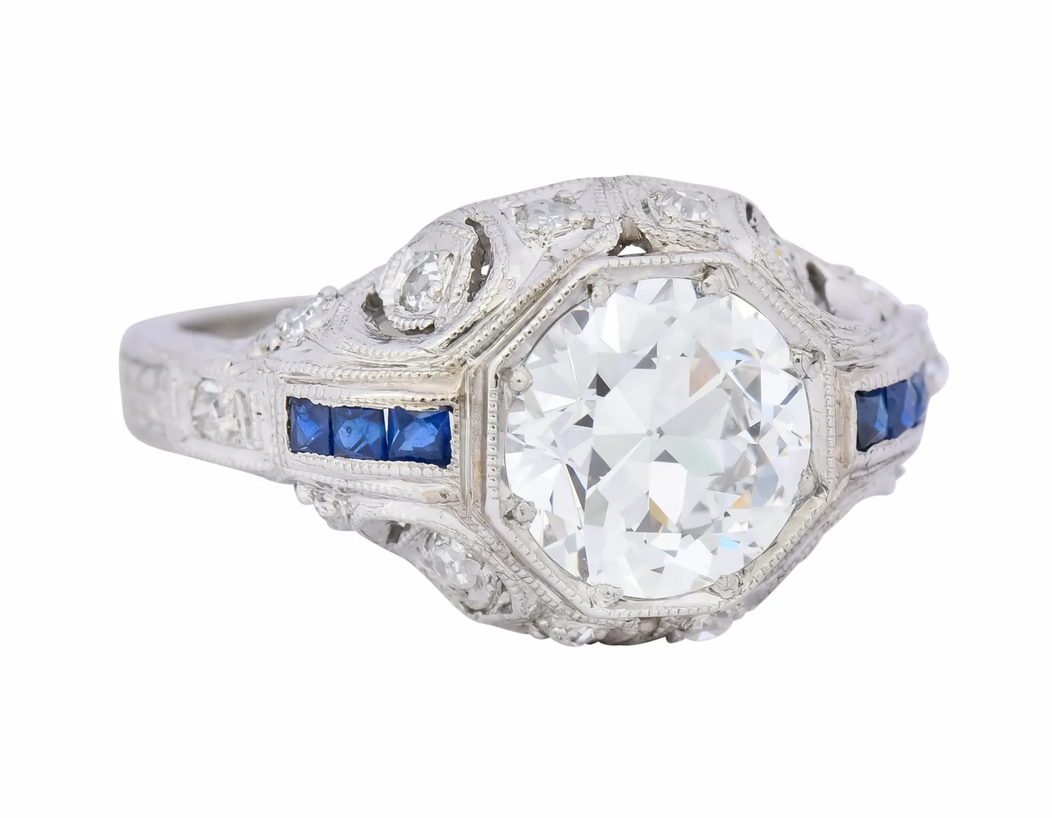 Art Deco 1.83 CTW Diamond Sapphire Platinum Engagement Ring GIA