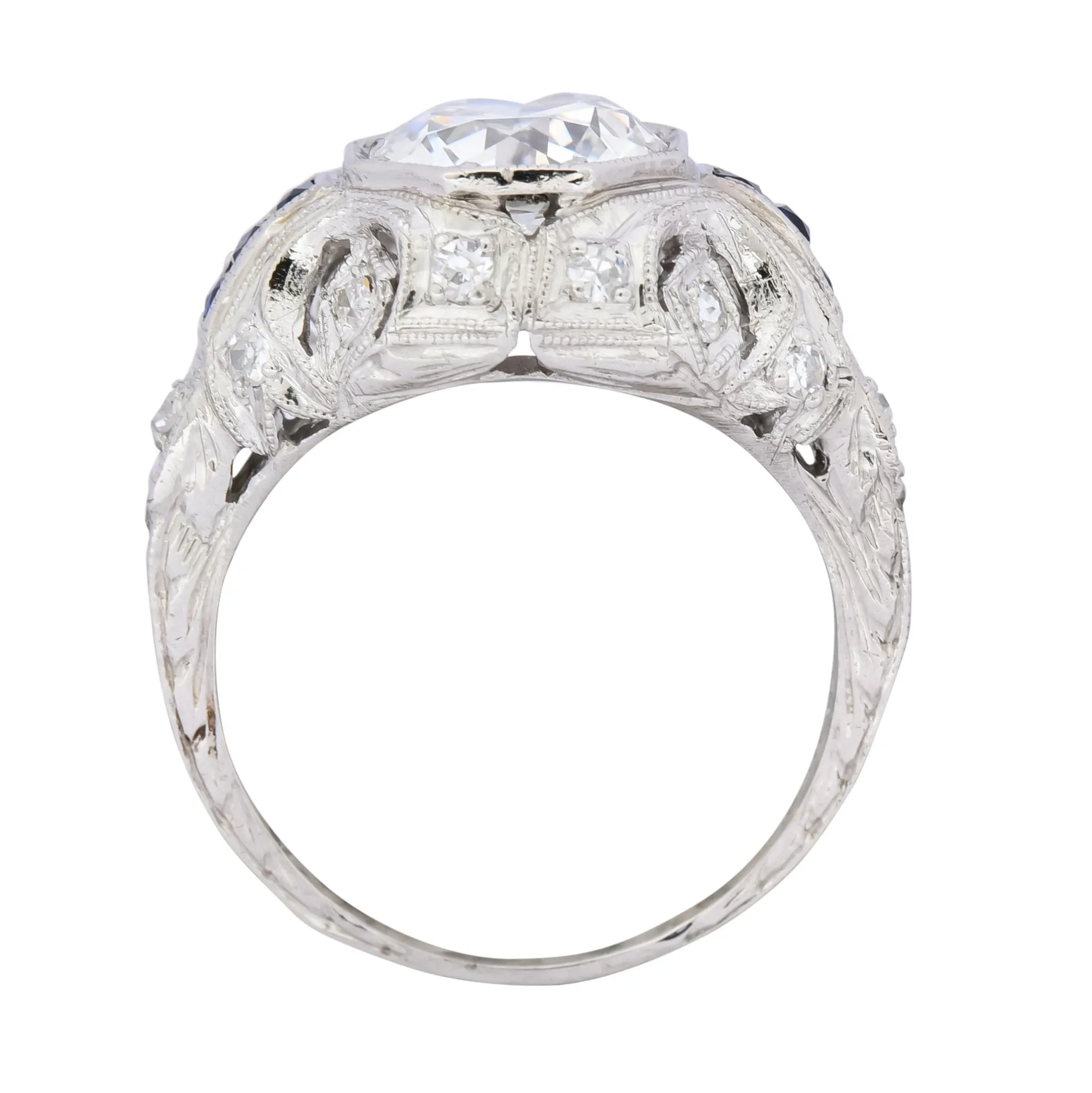 Art Deco 1.83 CTW Diamond Sapphire Platinum Engagement Ring GIA