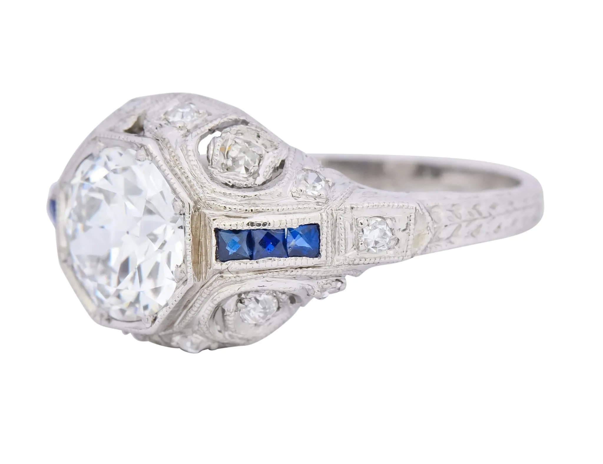 Art Deco 1.83 CTW Diamond Sapphire Platinum Engagement Ring GIA