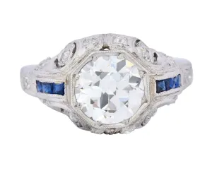 Art Deco 1.83 CTW Diamond Sapphire Platinum Engagement Ring GIA