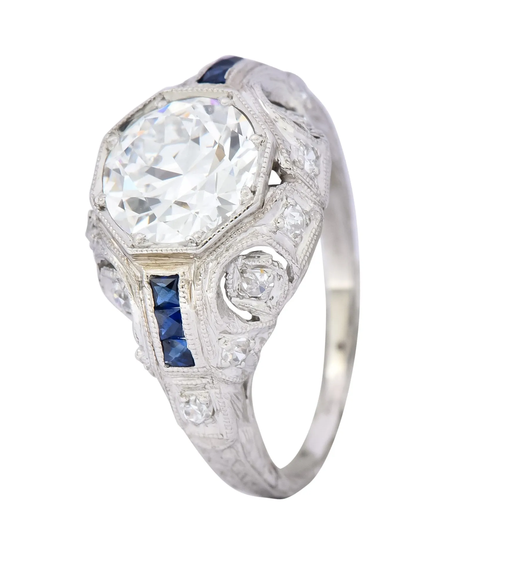 Art Deco 1.83 CTW Diamond Sapphire Platinum Engagement Ring GIA
