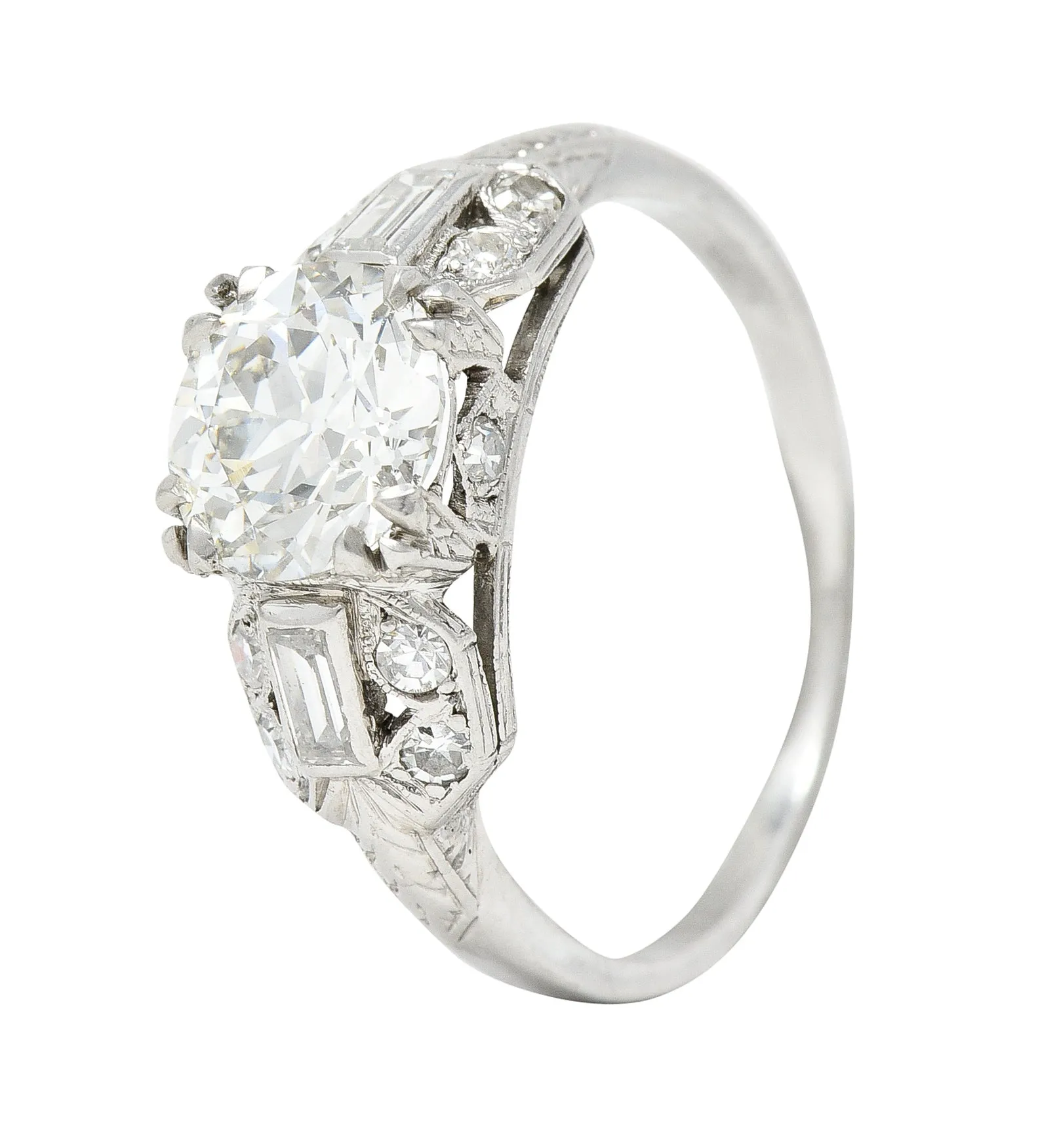 Art Deco 1.88 CTW Old European Cut Diamond Platinum Wheat Square Form Engagement Ring