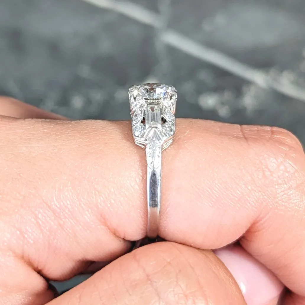 Art Deco 1.88 CTW Old European Cut Diamond Platinum Wheat Square Form Engagement Ring