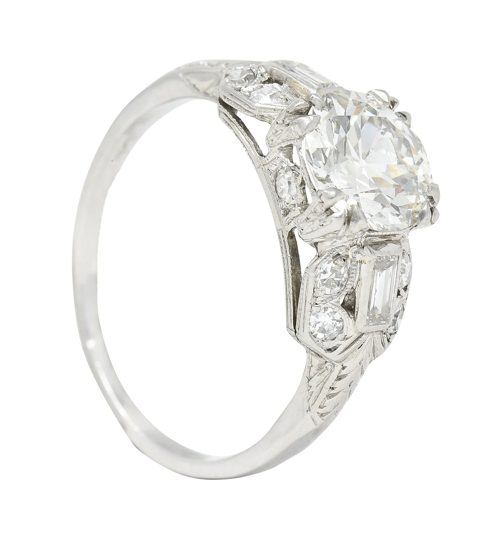 Art Deco 1.88 CTW Old European Cut Diamond Platinum Wheat Square Form Engagement Ring
