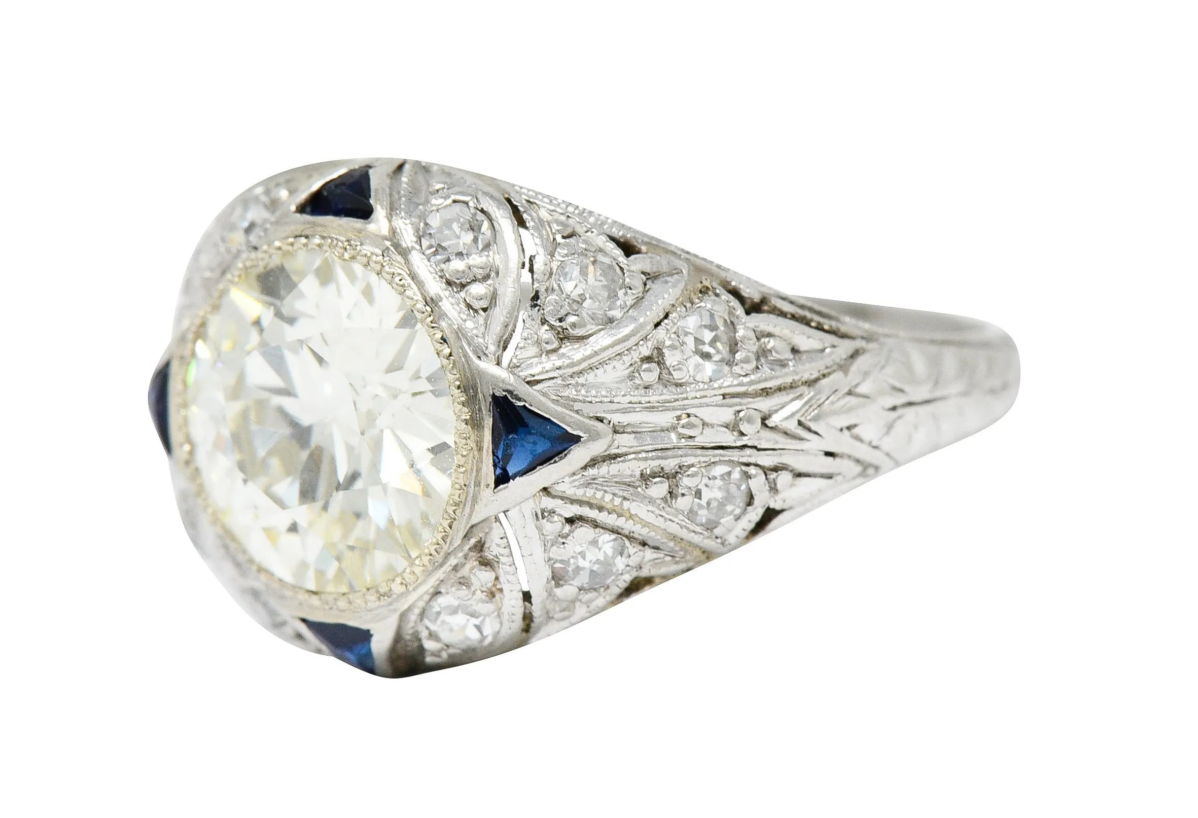 Art Deco 2.06 CTW Diamond Sapphire Platinum Engagement Ring GIA