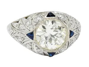 Art Deco 2.06 CTW Diamond Sapphire Platinum Engagement Ring GIA