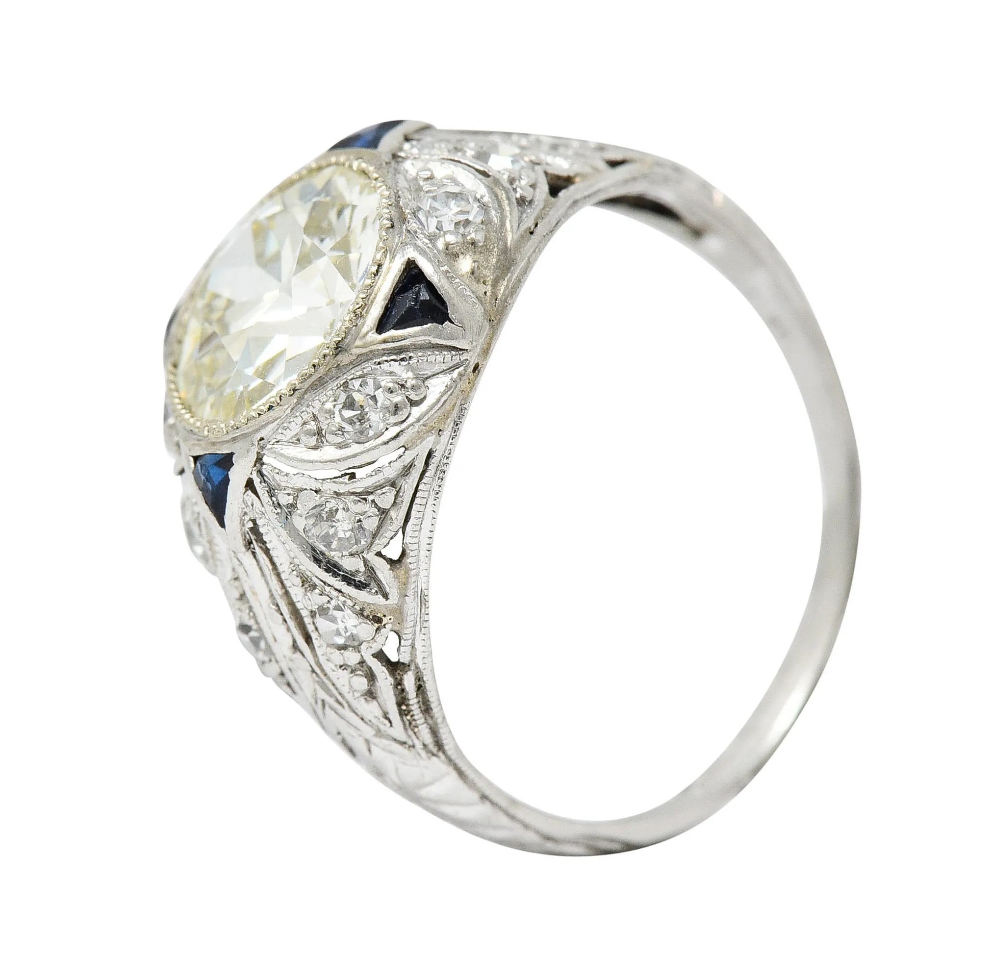 Art Deco 2.06 CTW Diamond Sapphire Platinum Engagement Ring GIA