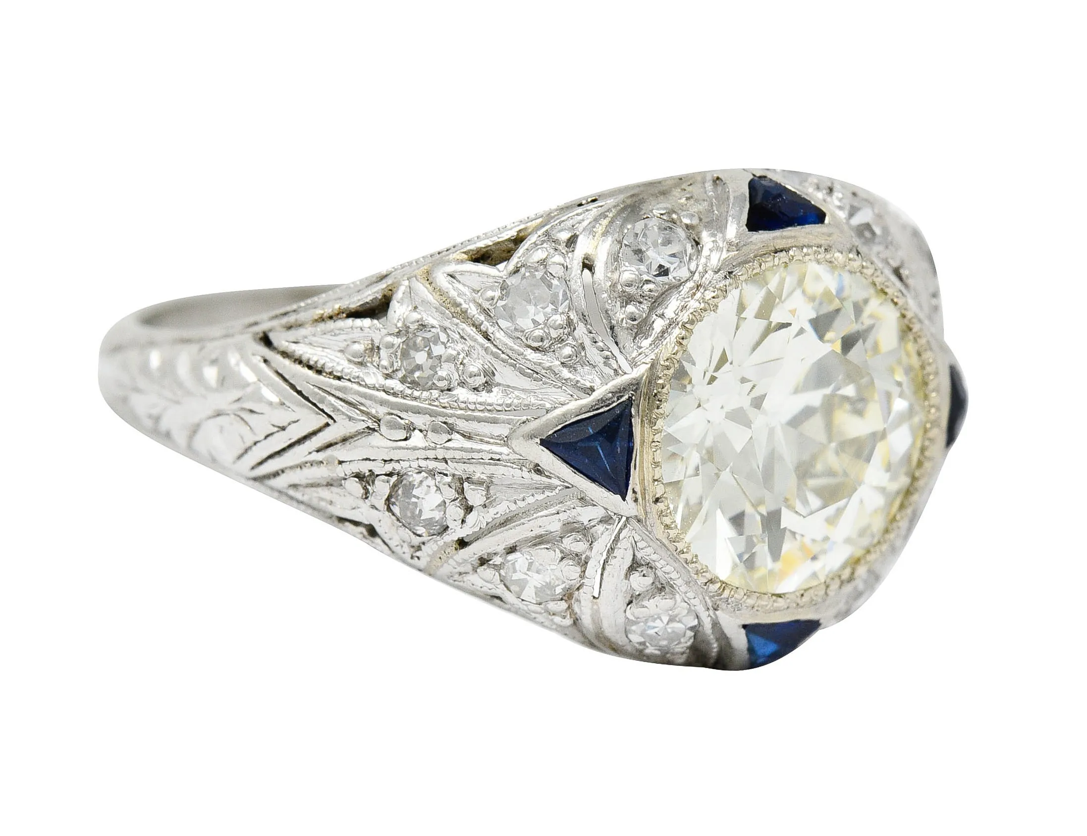 Art Deco 2.06 CTW Diamond Sapphire Platinum Engagement Ring GIA