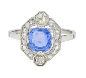 Art Deco 2.20 CTW No Heat Ceylon Sapphire Diamond Platinum Vintage Halo Ring GIA