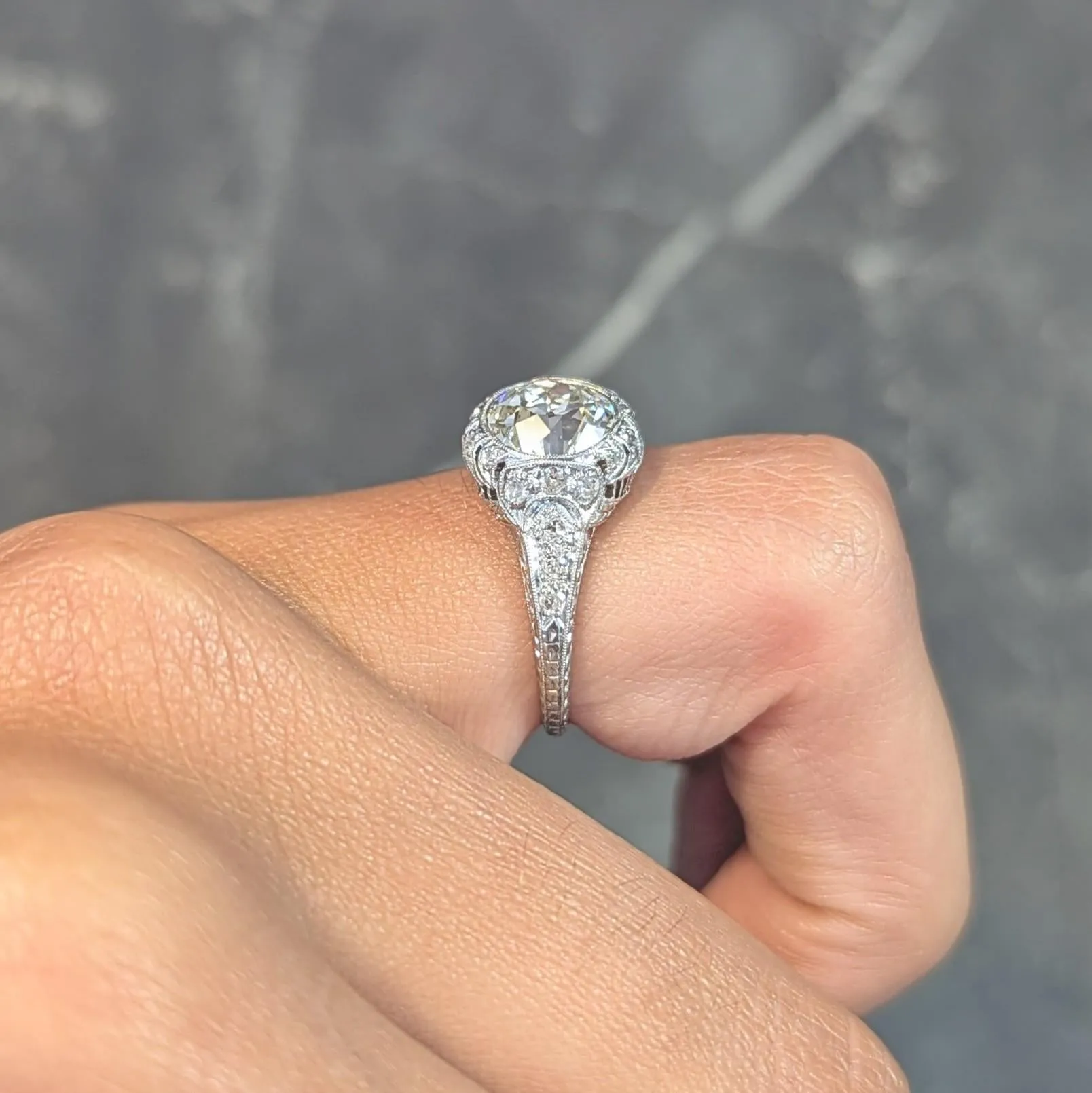Art Deco 2.35 CTW Old European Diamond Platinum Antique Wheat Foliate Engagement Ring GIA