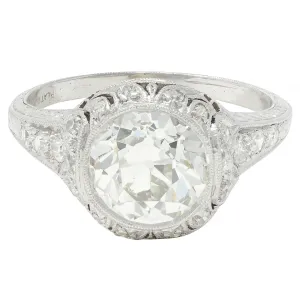 Art Deco 2.35 CTW Old European Diamond Platinum Antique Wheat Foliate Engagement Ring GIA