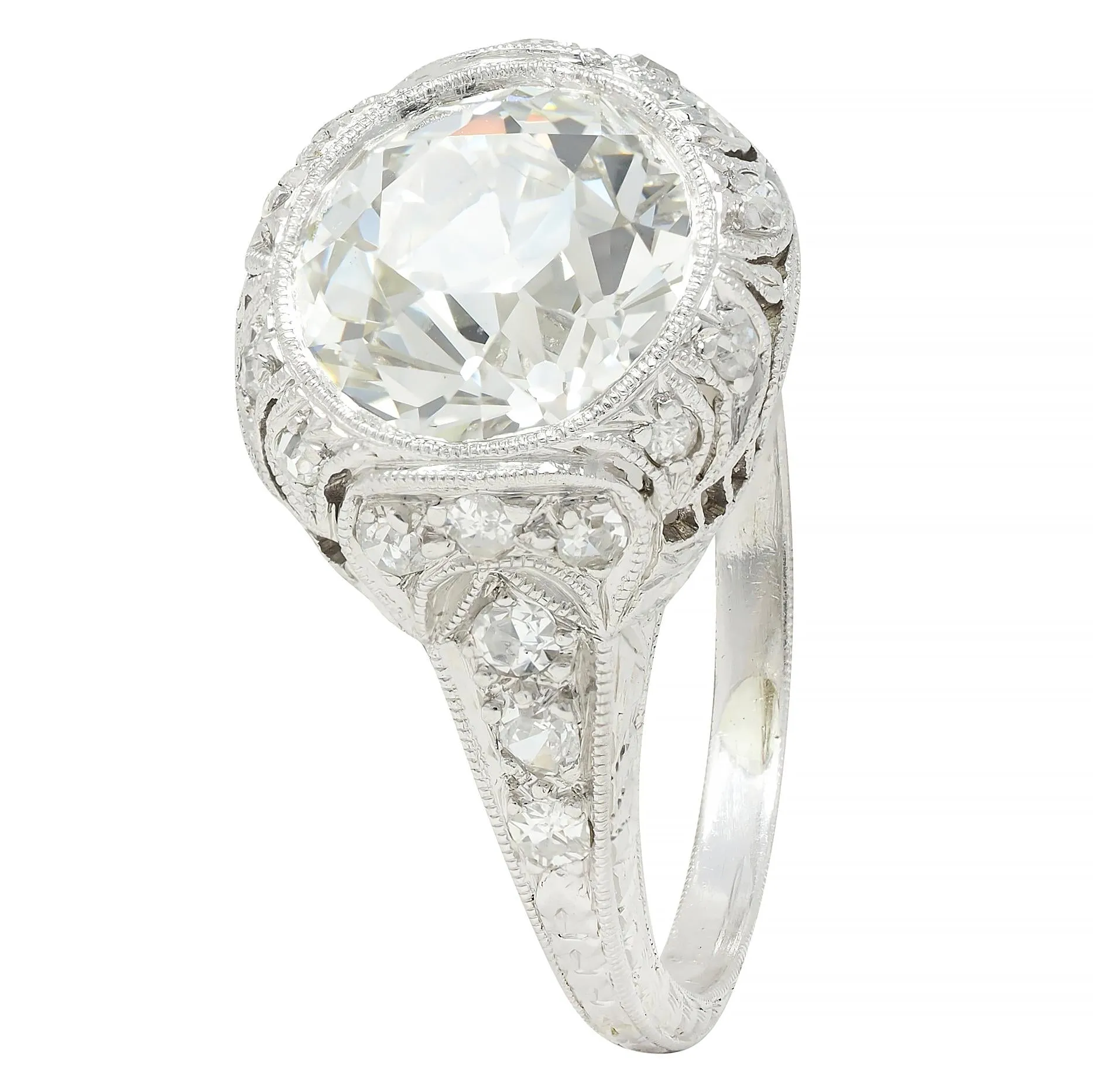 Art Deco 2.35 CTW Old European Diamond Platinum Antique Wheat Foliate Engagement Ring GIA