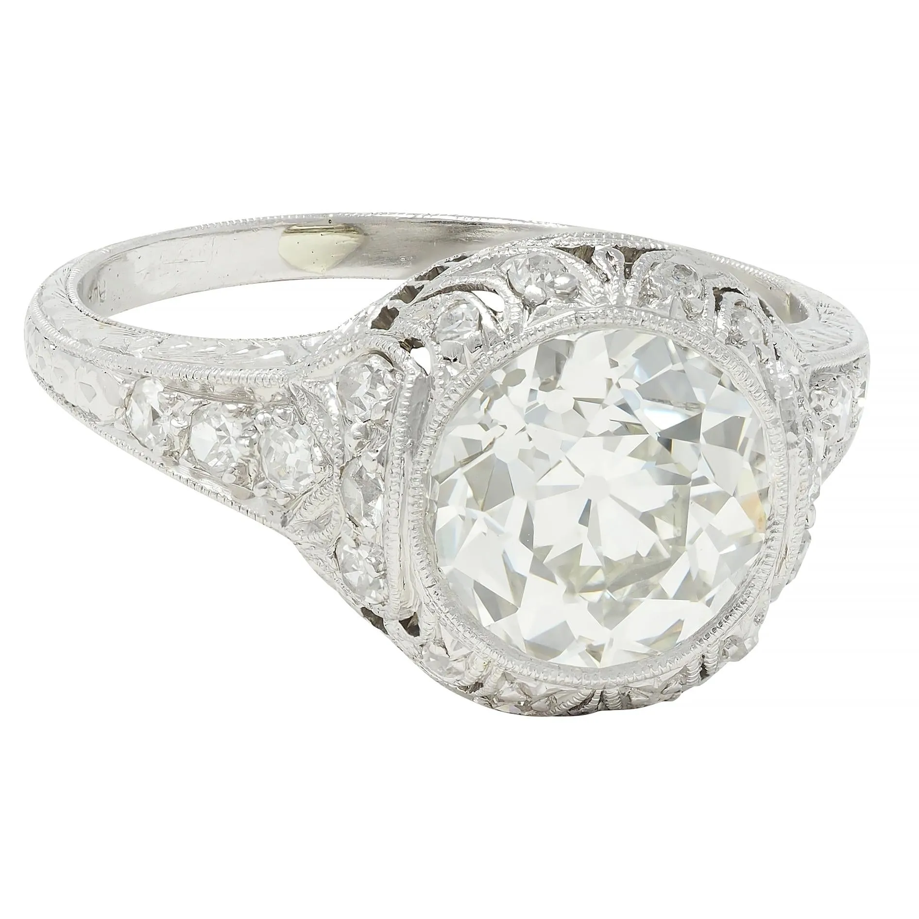 Art Deco 2.35 CTW Old European Diamond Platinum Antique Wheat Foliate Engagement Ring GIA