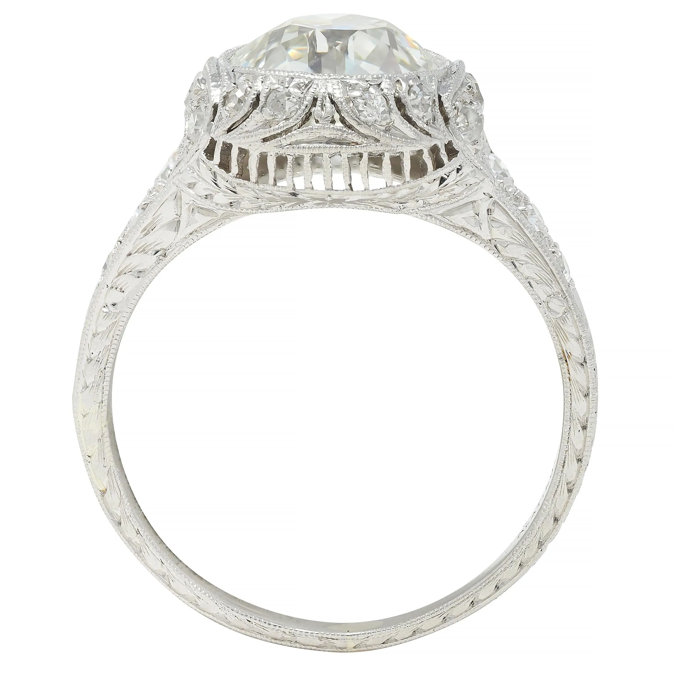 Art Deco 2.35 CTW Old European Diamond Platinum Antique Wheat Foliate Engagement Ring GIA