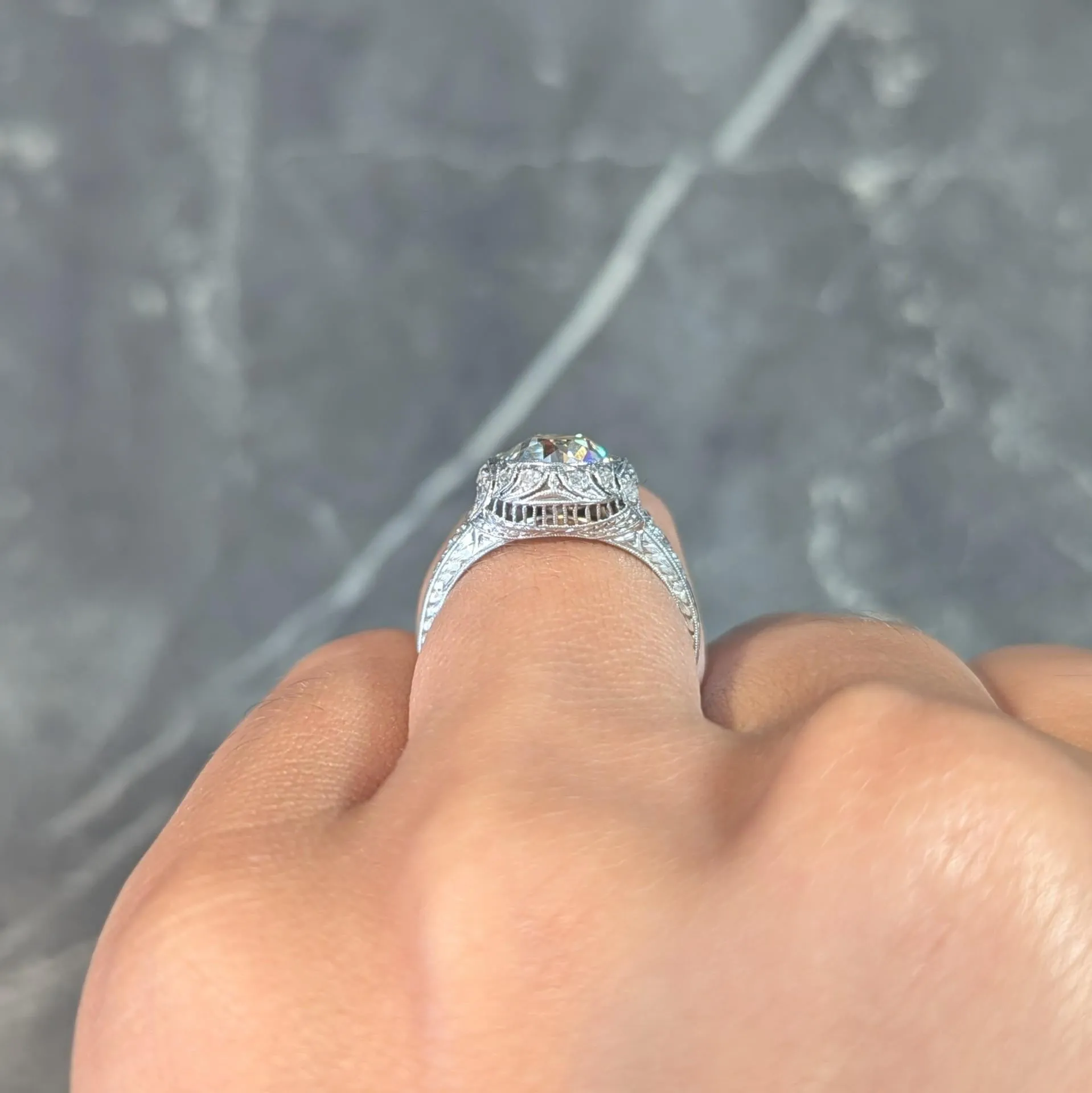 Art Deco 2.35 CTW Old European Diamond Platinum Antique Wheat Foliate Engagement Ring GIA