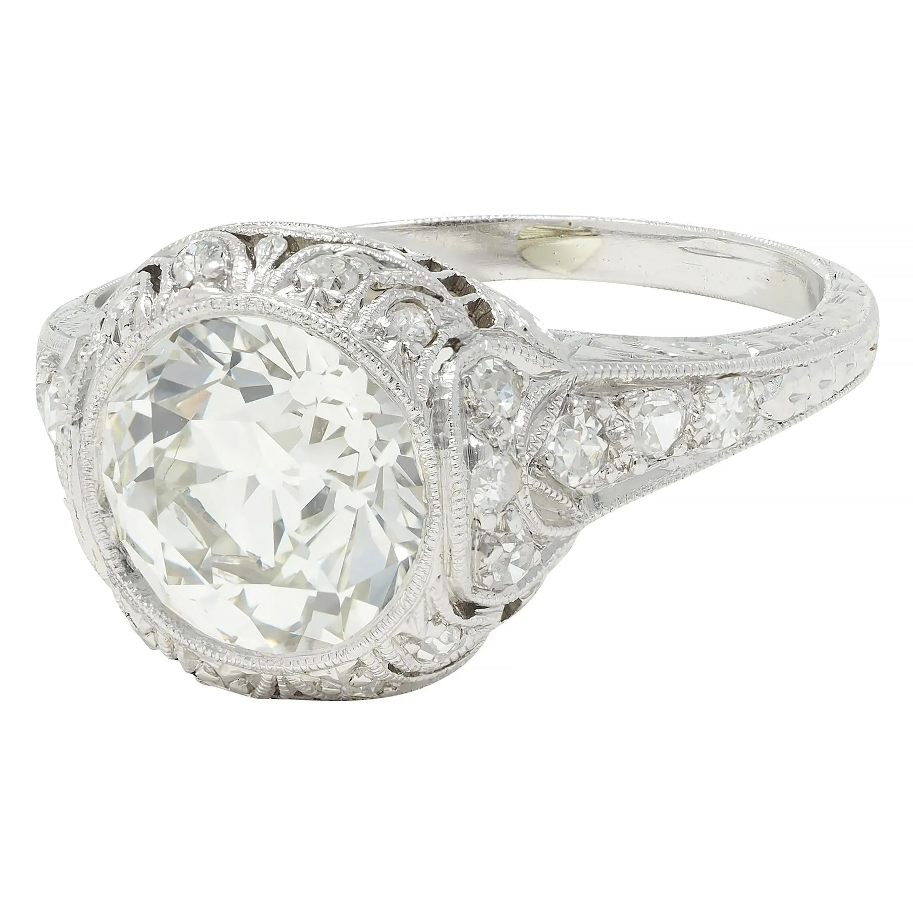 Art Deco 2.35 CTW Old European Diamond Platinum Antique Wheat Foliate Engagement Ring GIA