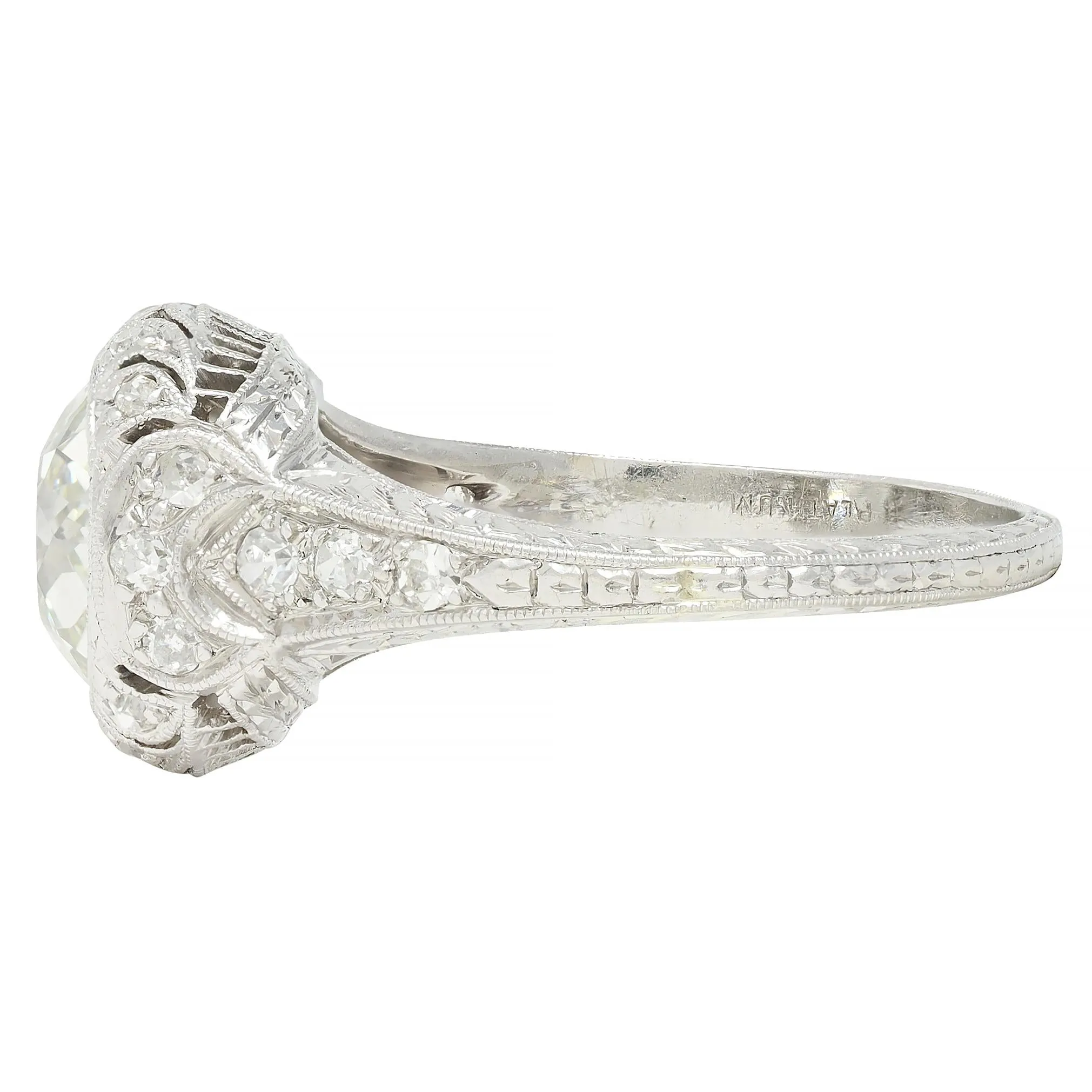 Art Deco 2.35 CTW Old European Diamond Platinum Antique Wheat Foliate Engagement Ring GIA