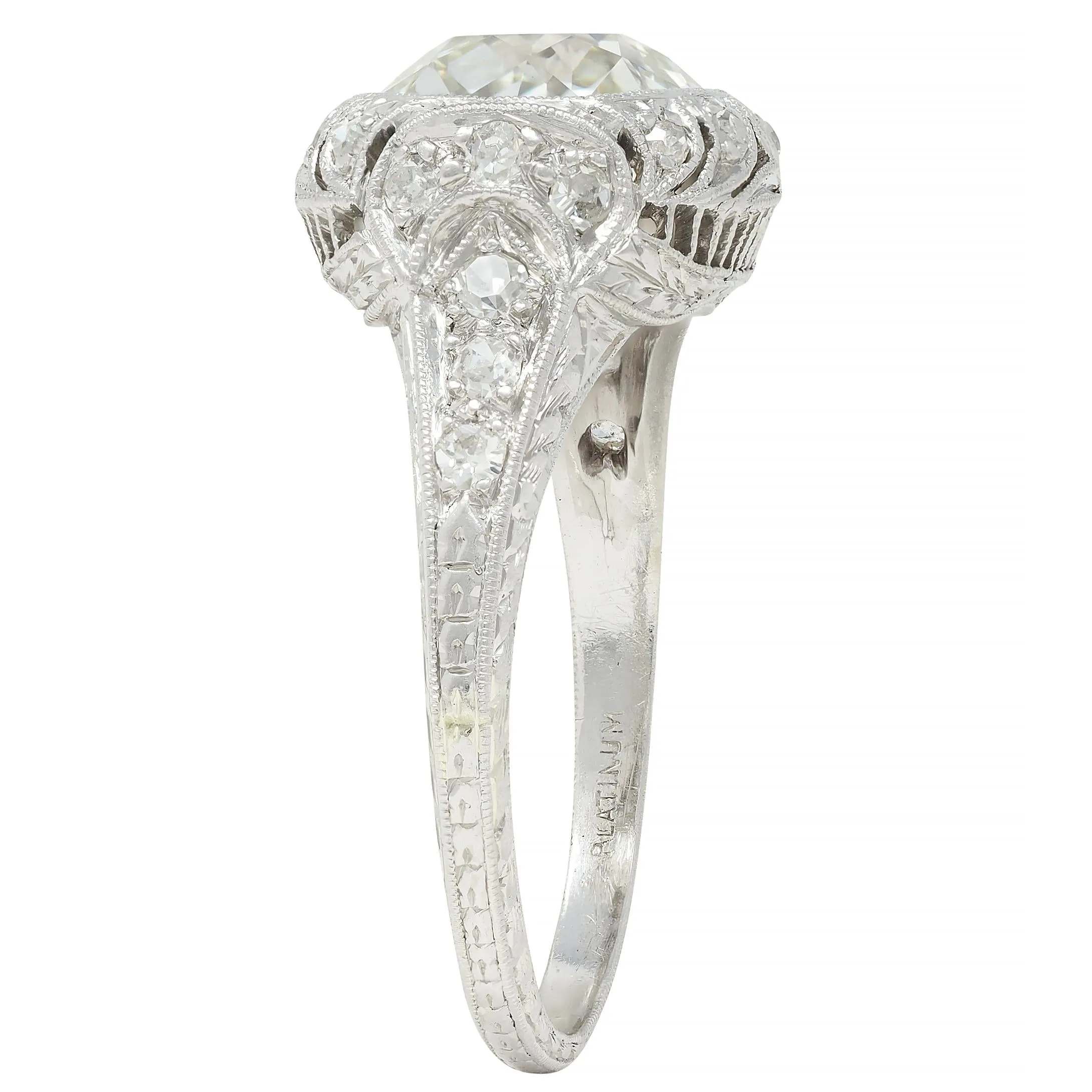 Art Deco 2.35 CTW Old European Diamond Platinum Antique Wheat Foliate Engagement Ring GIA