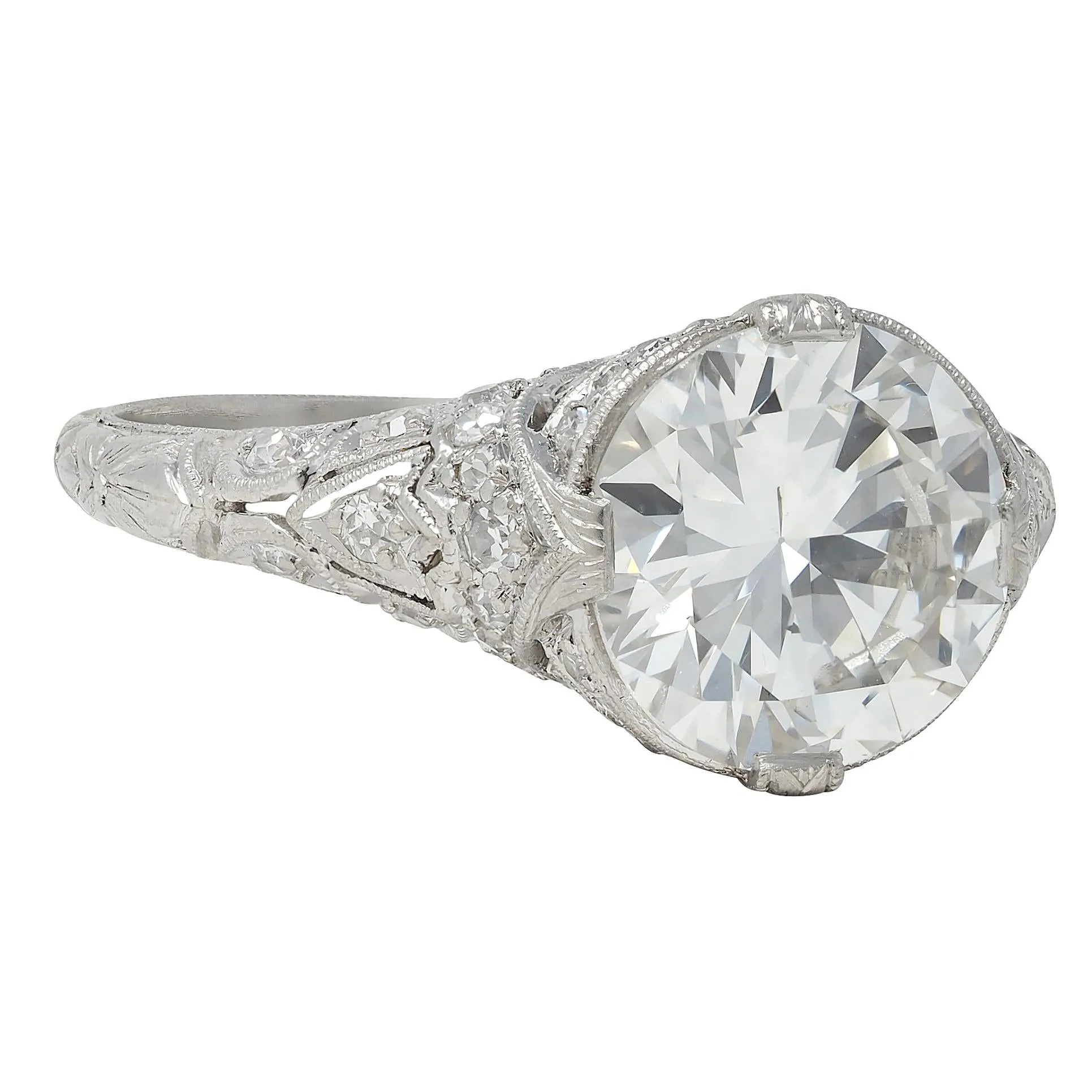 Art Deco 2.58 CTW Old European Diamond Platinum Vintage Lotus Engagement Ring GIA