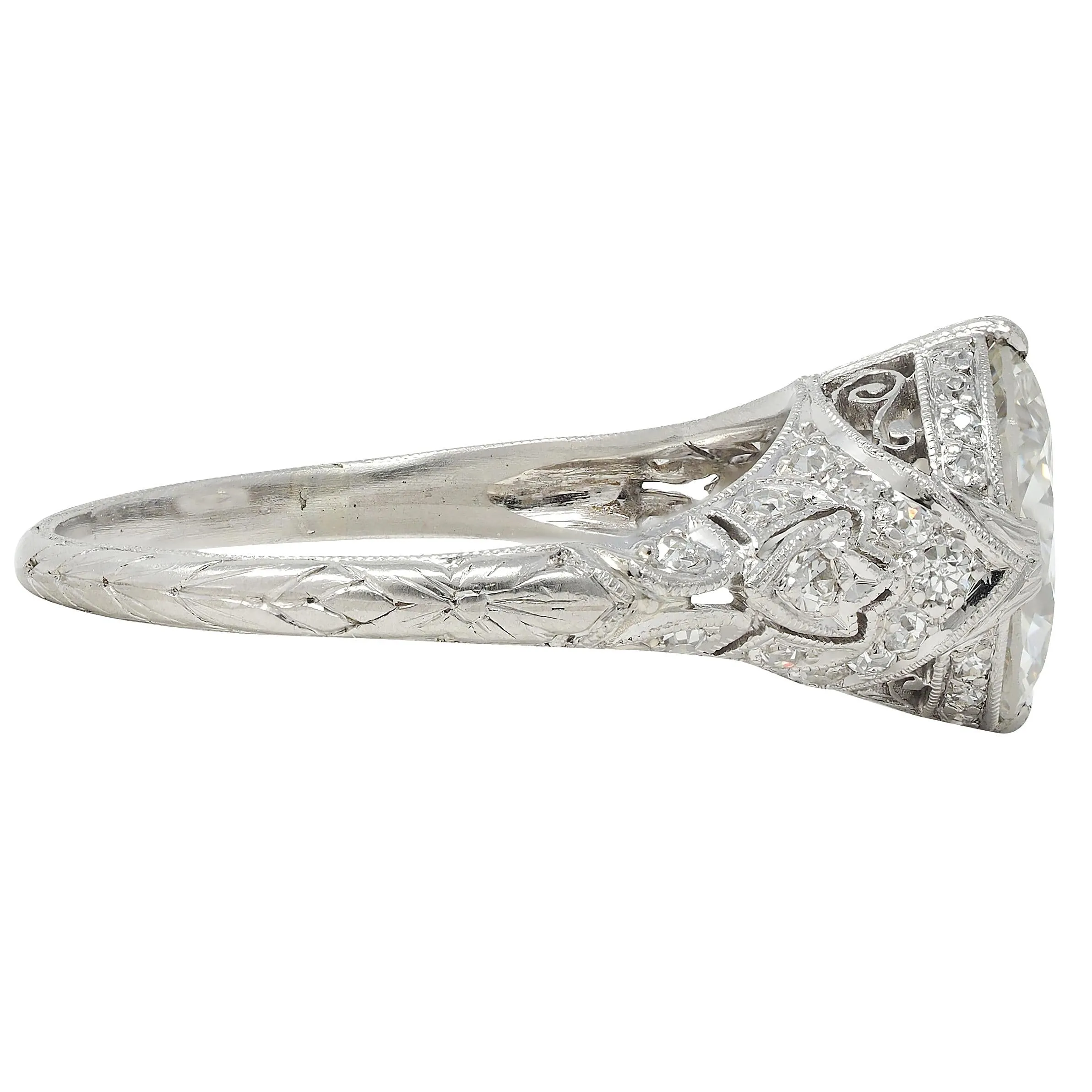 Art Deco 2.58 CTW Old European Diamond Platinum Vintage Lotus Engagement Ring GIA