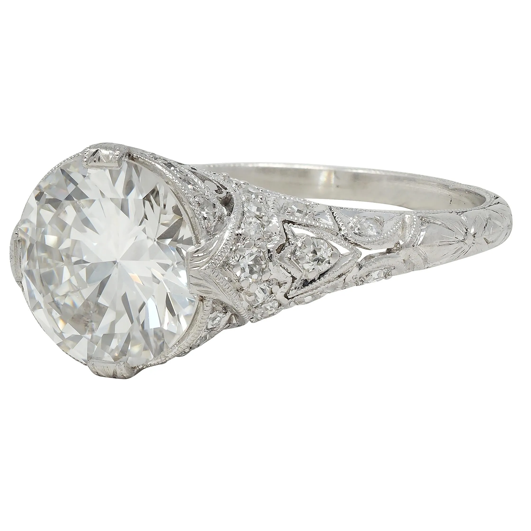 Art Deco 2.58 CTW Old European Diamond Platinum Vintage Lotus Engagement Ring GIA