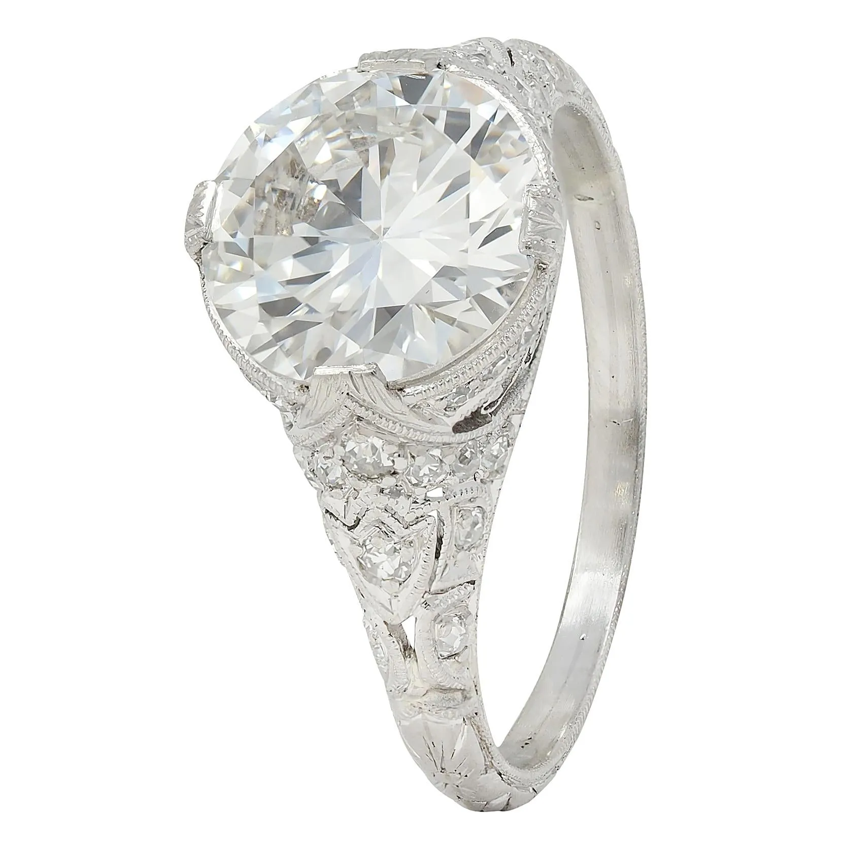 Art Deco 2.58 CTW Old European Diamond Platinum Vintage Lotus Engagement Ring GIA