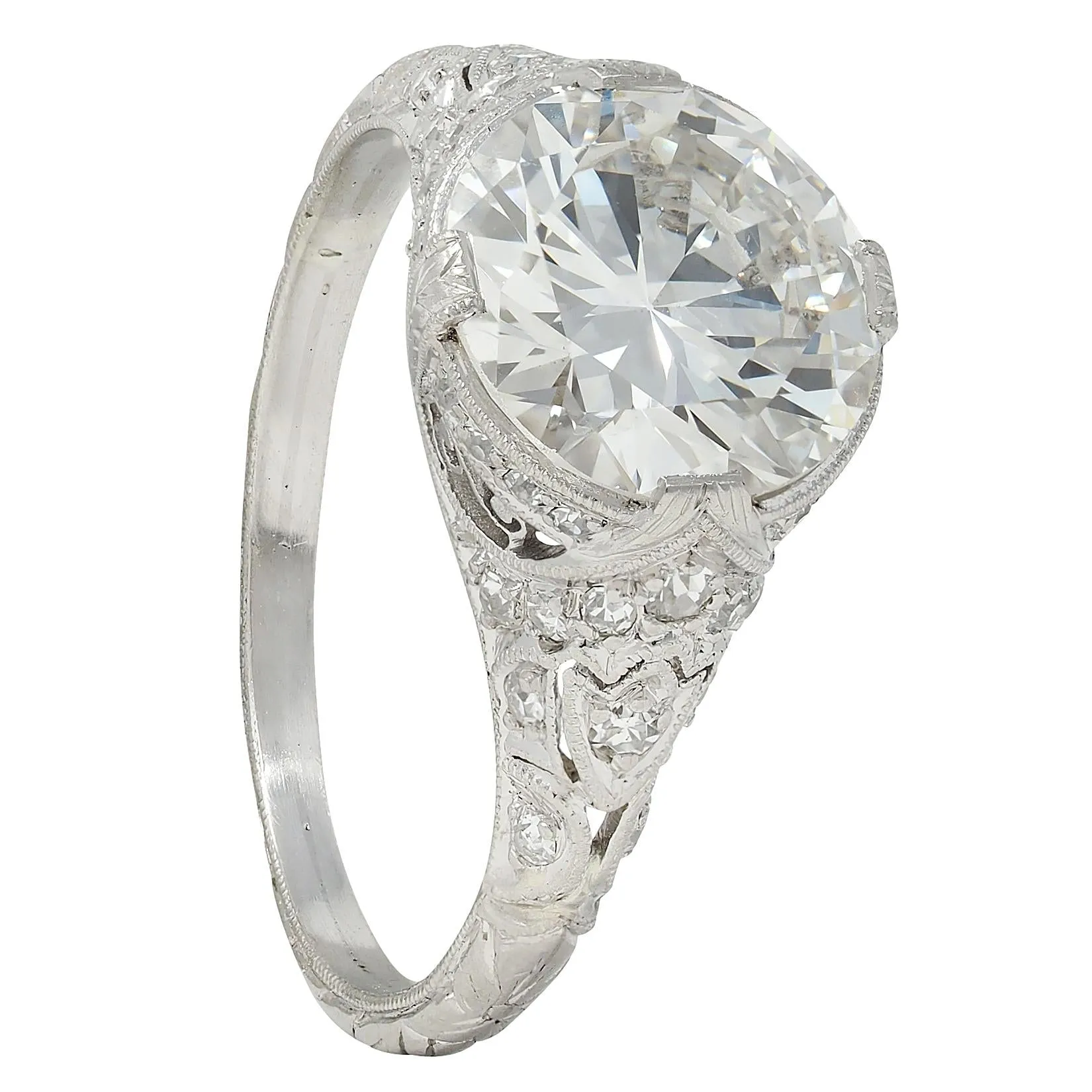 Art Deco 2.58 CTW Old European Diamond Platinum Vintage Lotus Engagement Ring GIA
