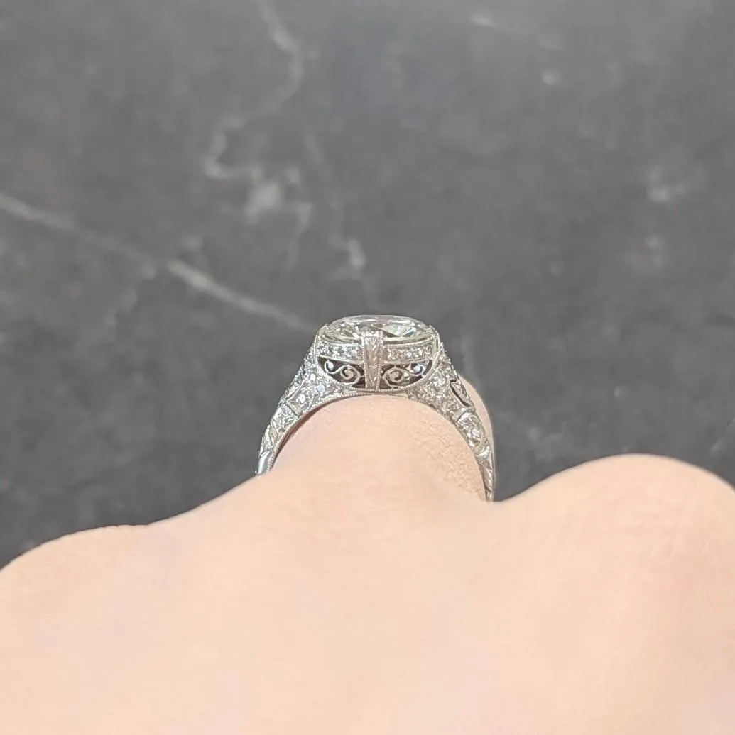 Art Deco 2.58 CTW Old European Diamond Platinum Vintage Lotus Engagement Ring GIA