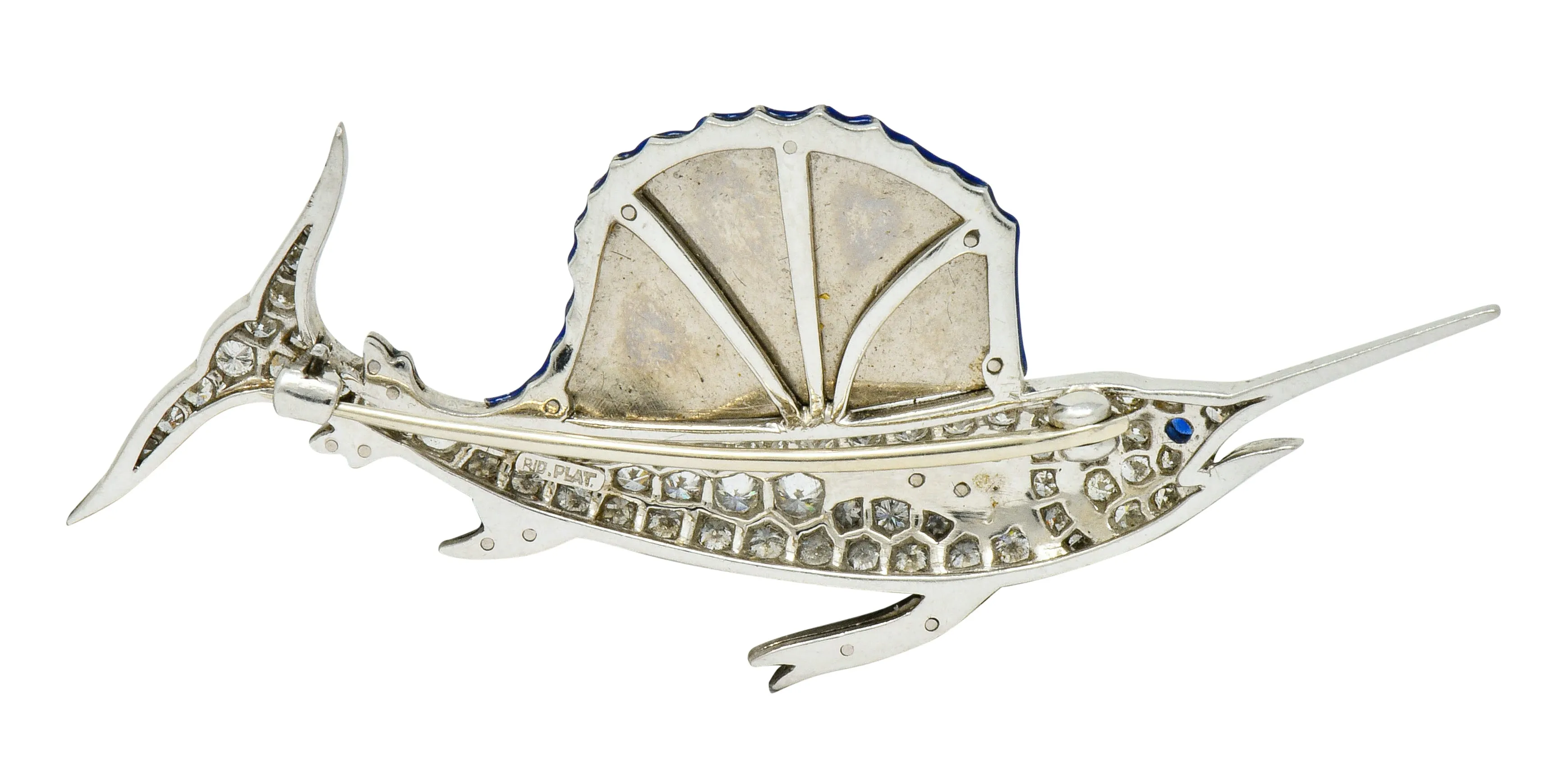 Art Deco 2.60 CTW Diamond Blue Enamel Platinum Swordfish Brooch