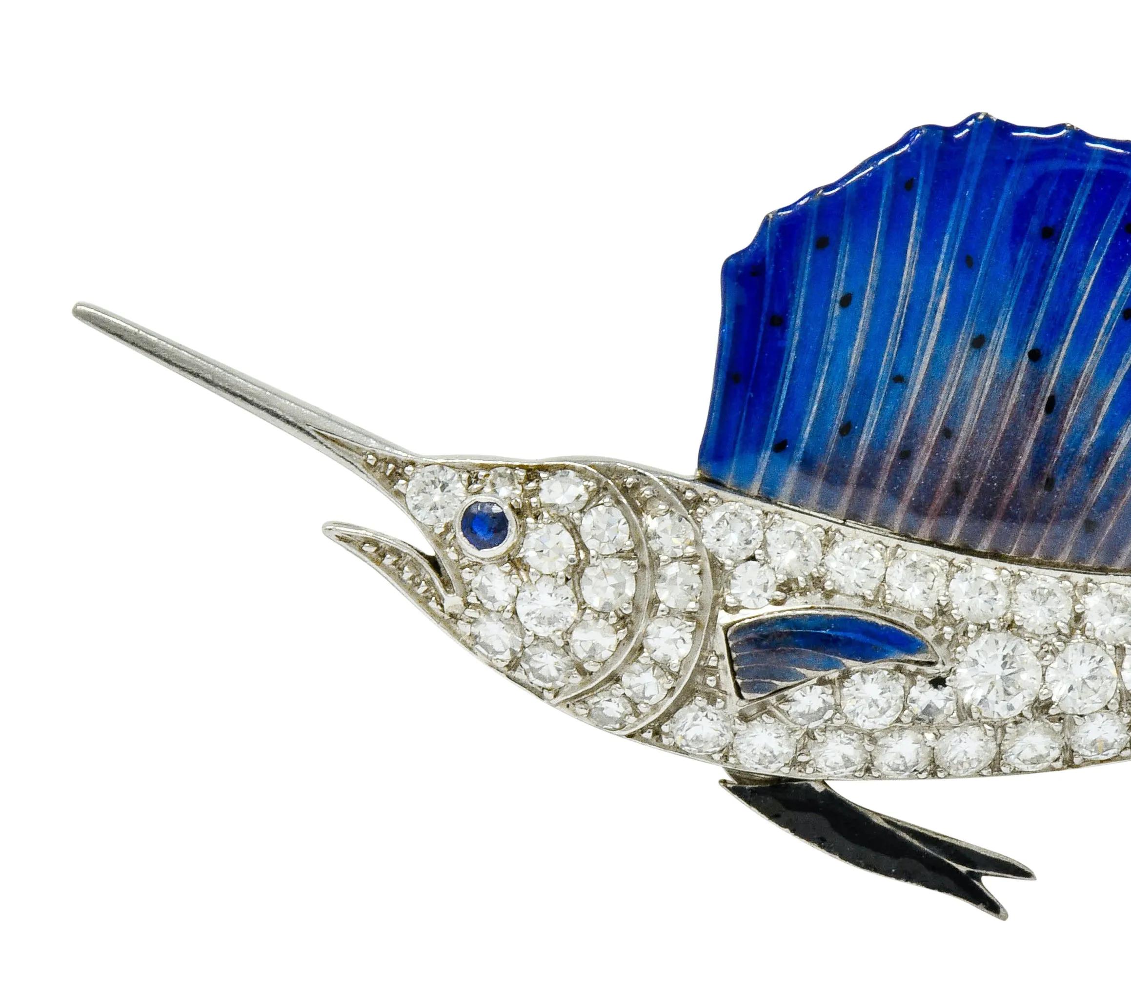 Art Deco 2.60 CTW Diamond Blue Enamel Platinum Swordfish Brooch